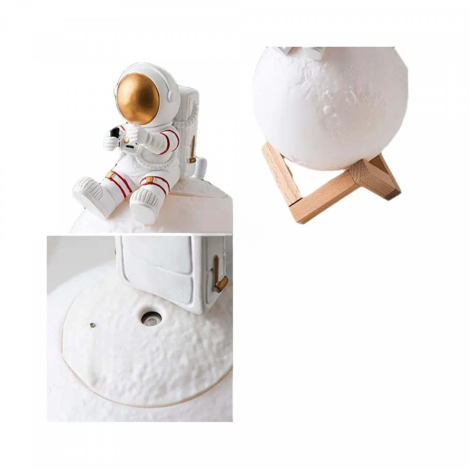 Astronautenfigur auf weißer Basis, mondförmige Lampe auf Holzständer.