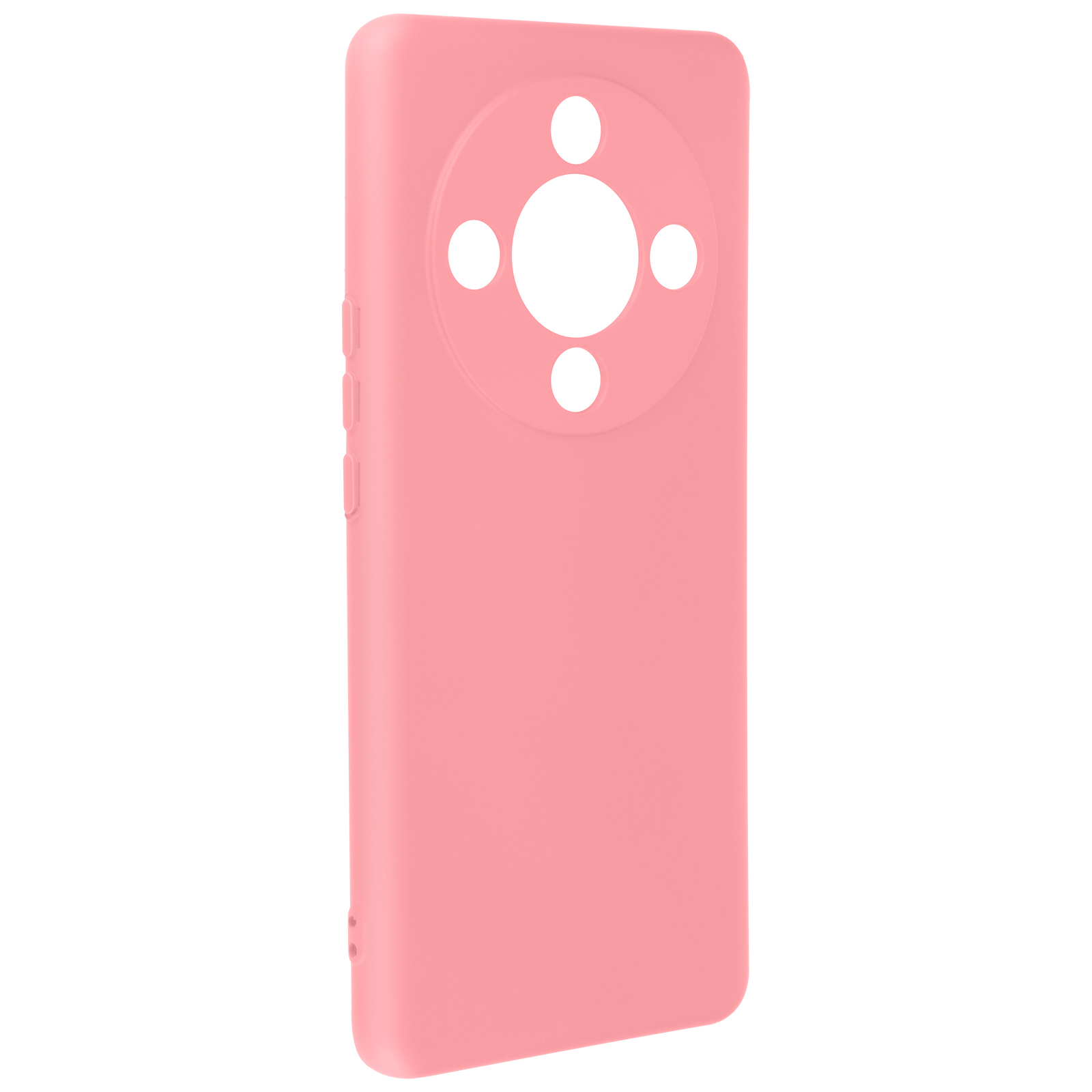 Una custodia per telefono rosa, con ritagli per la fotocamera e una superficie liscia.