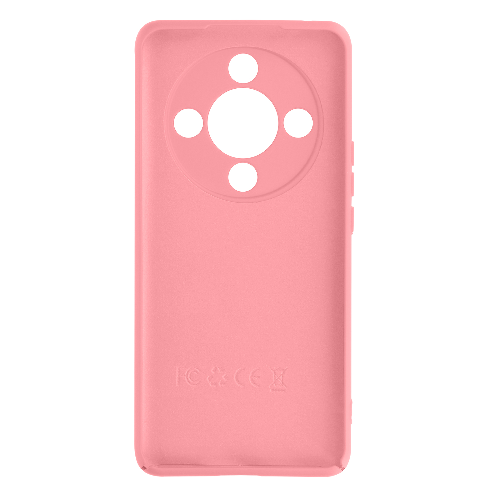 Custodia per telefono rosa con quattro fori per la fotocamera e un'indentazione circolare centrale.