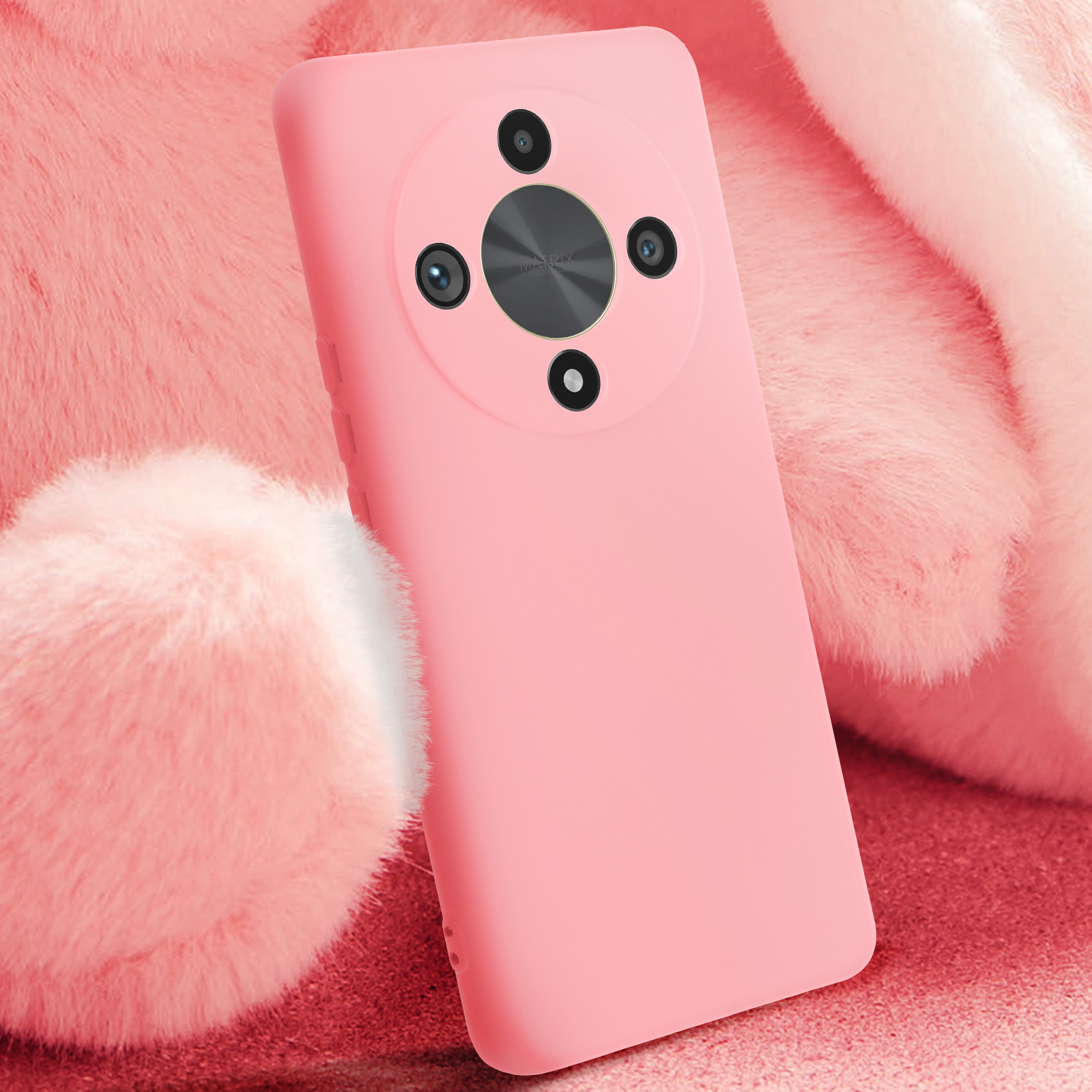 Un telefono rosa con fotocamere, su uno sfondo rosa e soffice.