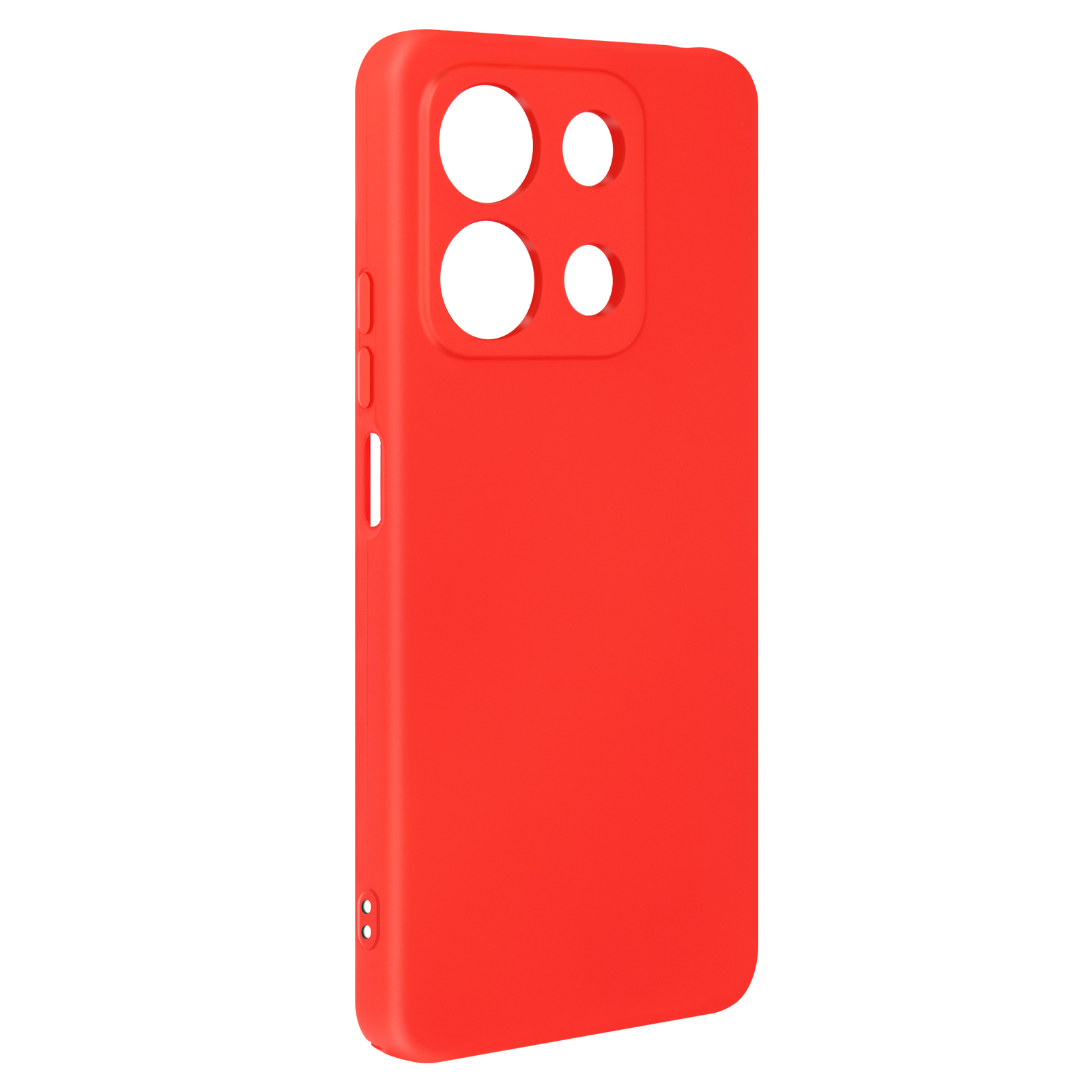 Una custodia rossa per telefono con quattro fori per fotocamera. La custodia ha fori per i pulsanti.
