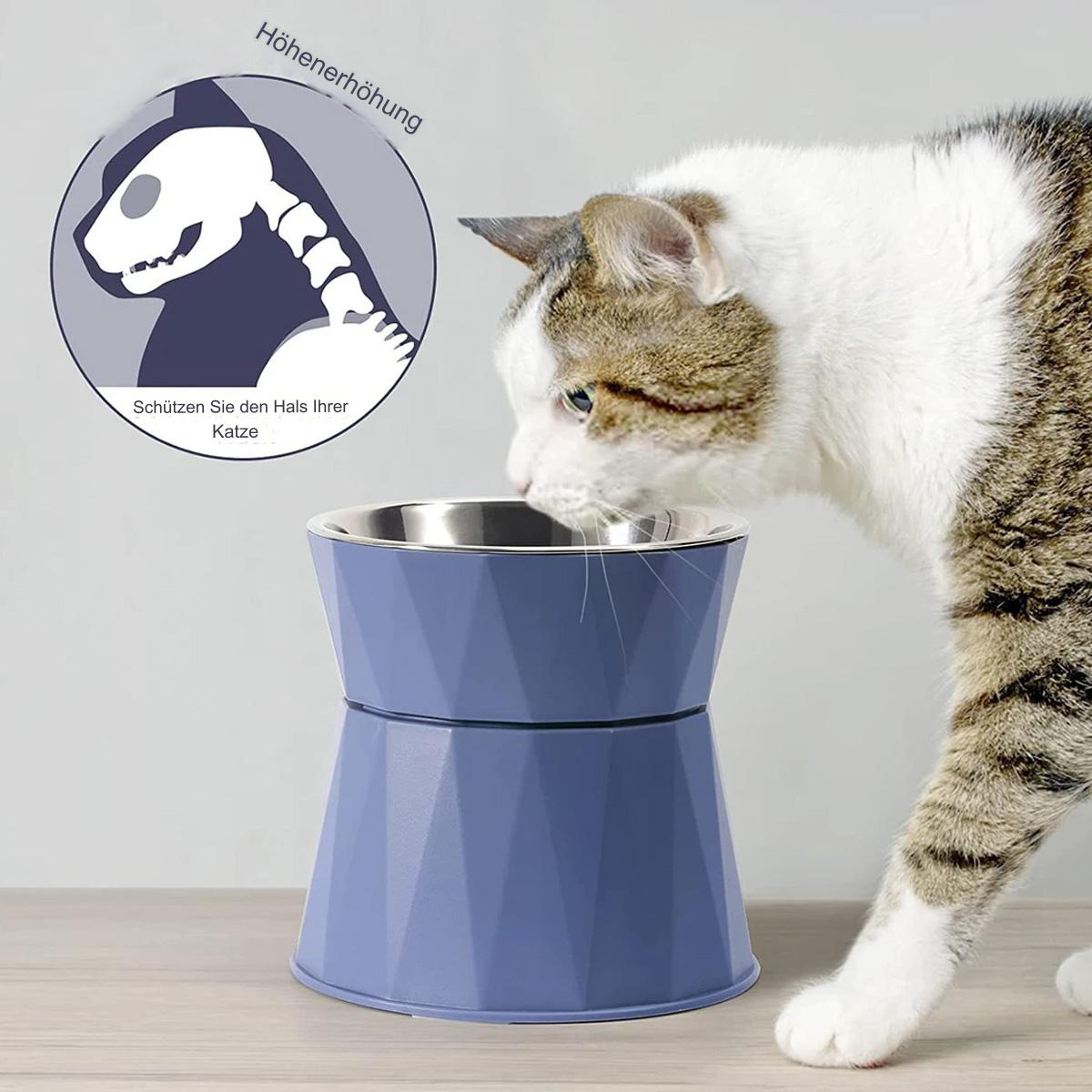 Katze frisst aus einer erhöhten blauen Schüssel. Ein Diagramm zeigt die Vorteile für den Hals.