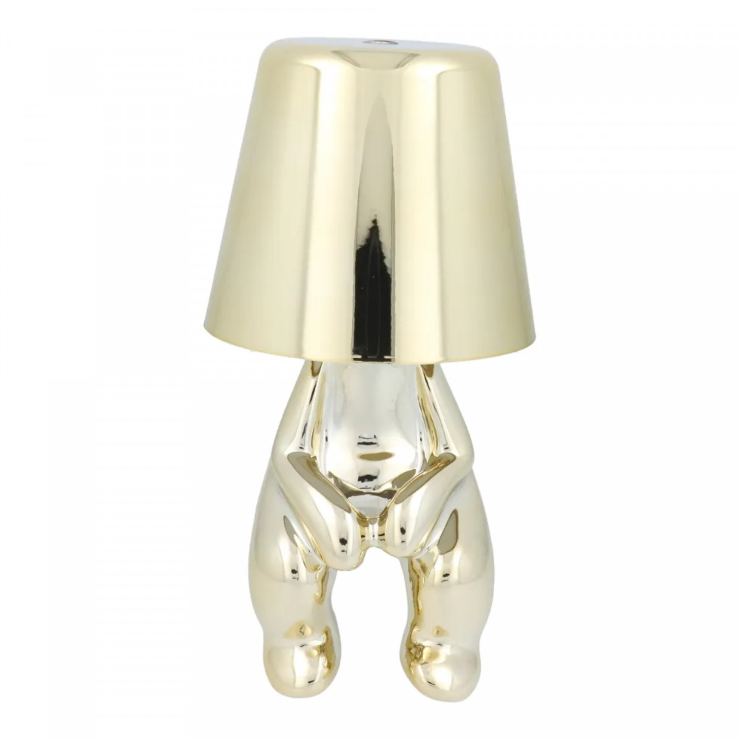 Goldfarbene Lampe in Form einer Person. Der Schirm ist ein goldener Kegel.