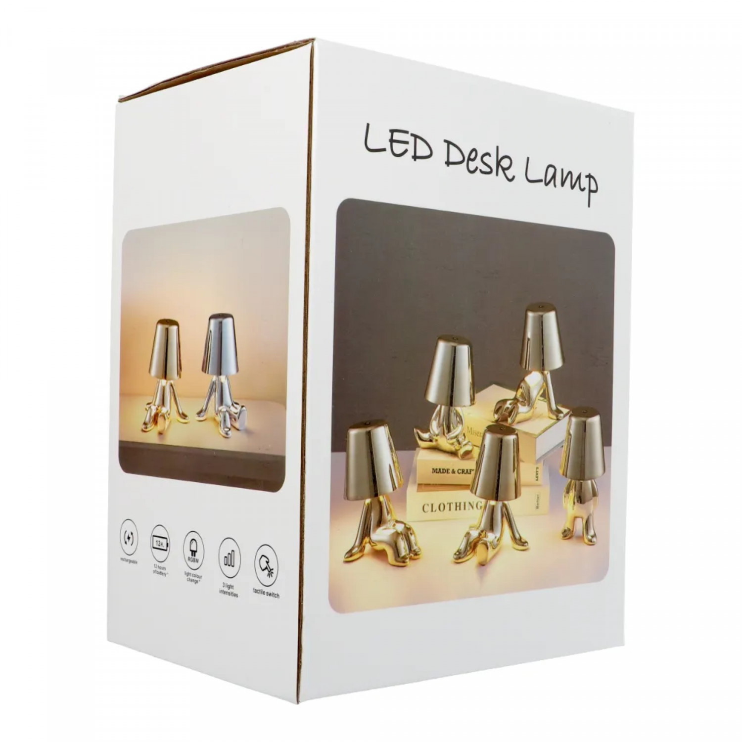 Eine weiße Box mit Bildern von goldenen und silbernen Lampen und Symbolen.