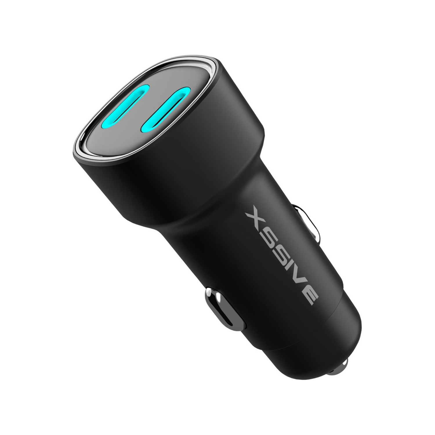Schwarzes Autoladegerät mit zwei blauen USB-Anschlüssen und dem XSSIVE-Logo.