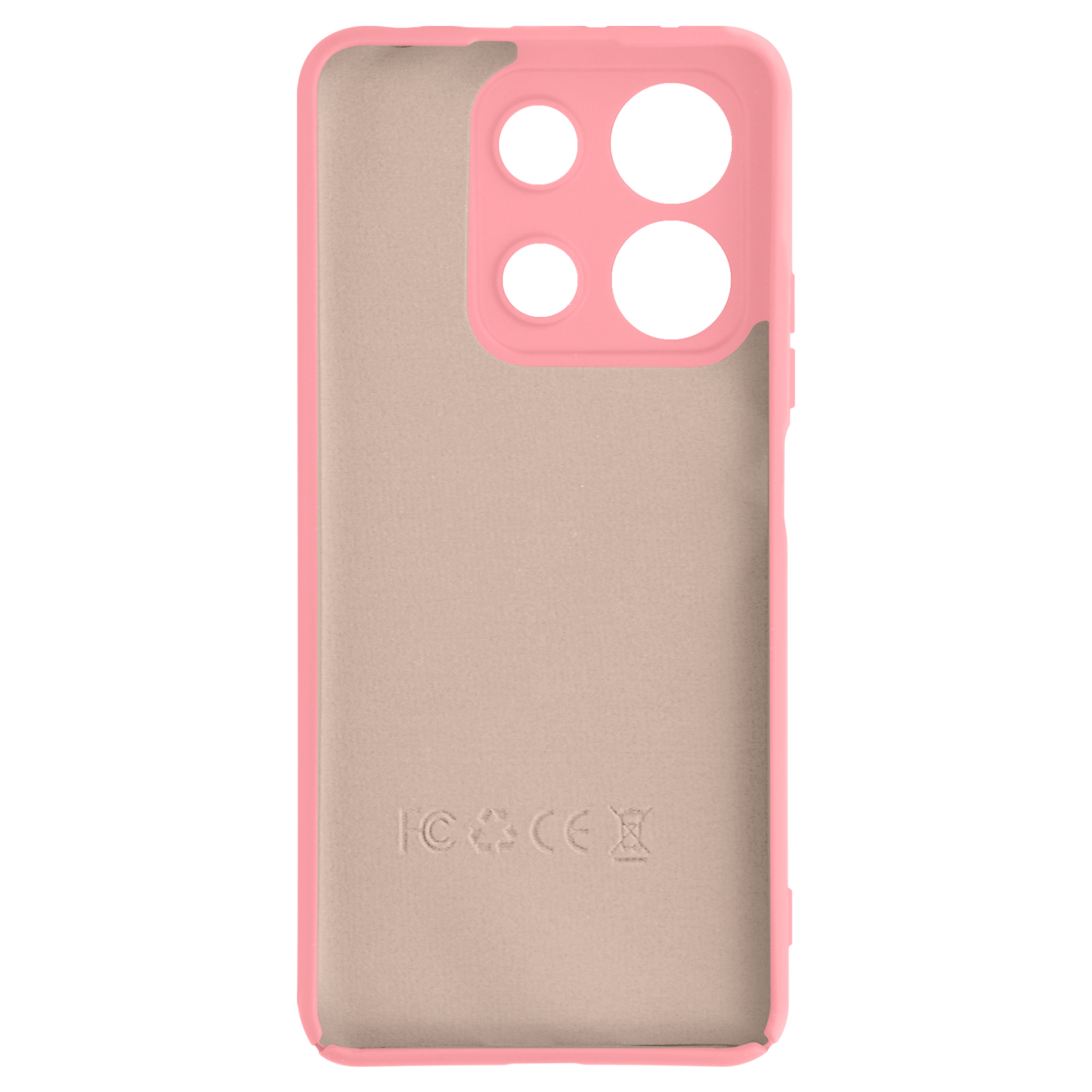 Interno di una custodia per telefono rosa. Ha ritagli per la fotocamera e un interno marrone chiaro.