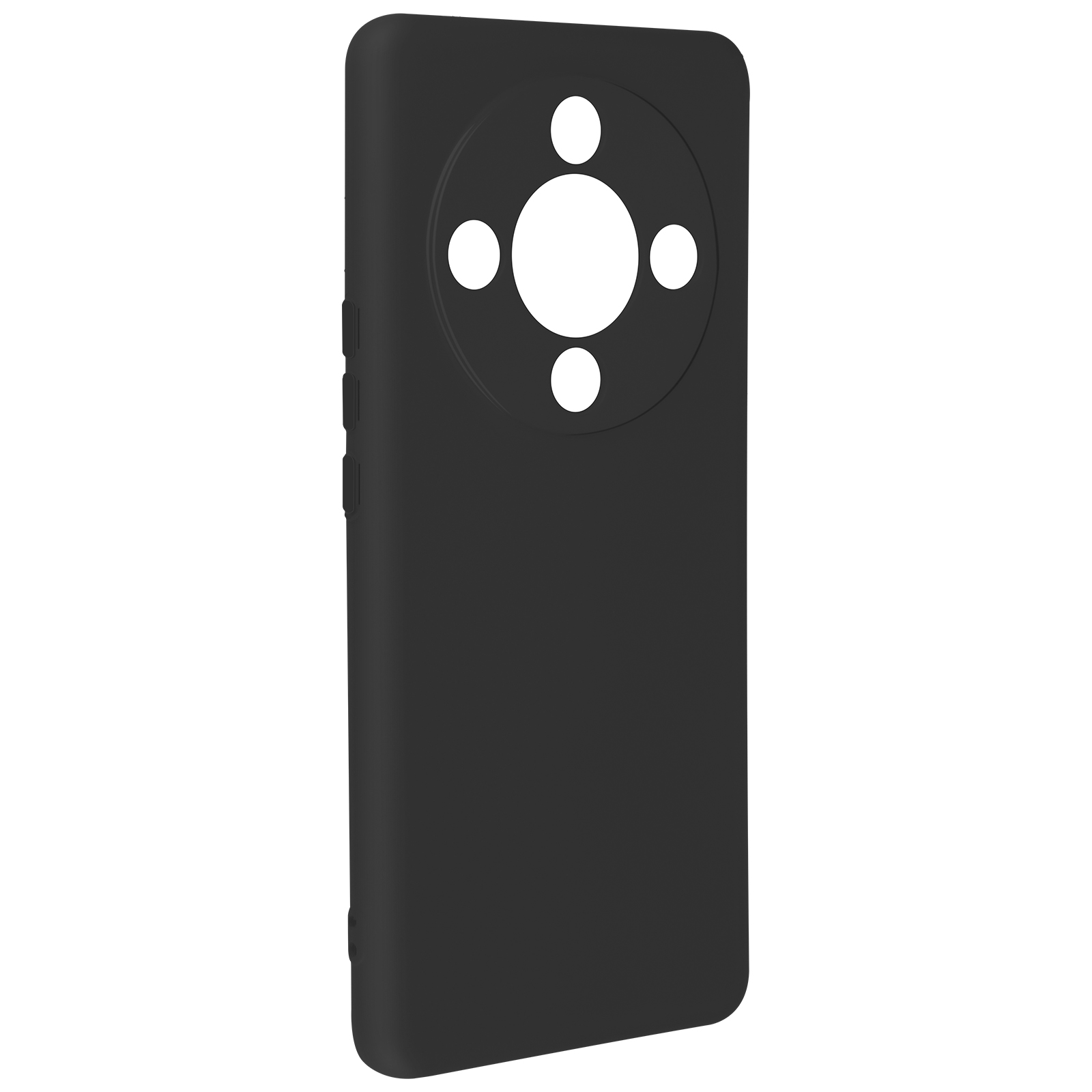 Custodia per telefono nera con quattro fori per la fotocamera. La custodia è lucida.