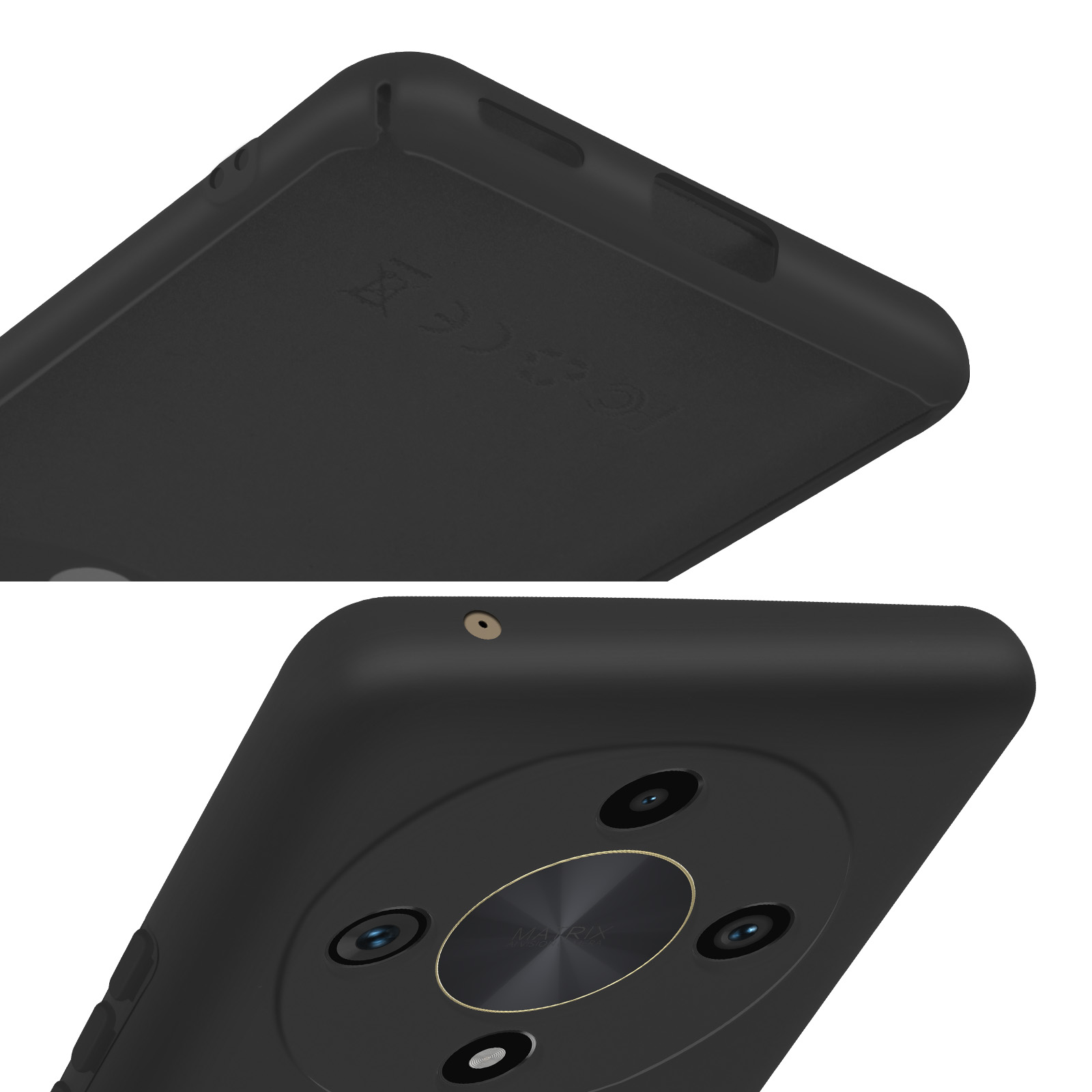 Dettagli della custodia nera del telefono, che mostrano porte e fotocamera. Sfondo semplice.