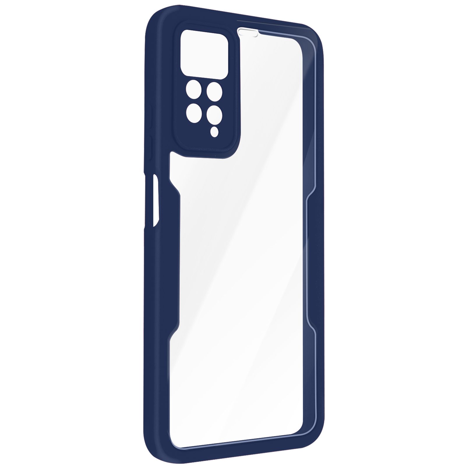 Custodia per telefono blu scuro con retro trasparente. La custodia ha ritagli per la fotocamera e un bordo rialzato.