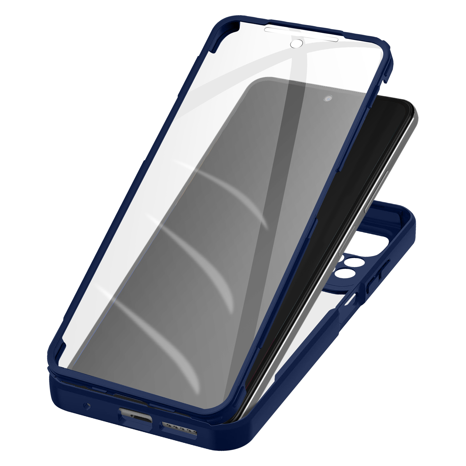 Una custodia del telefono smontata, che mostra la cornice blu, la protezione schermo trasparente e il telefono.