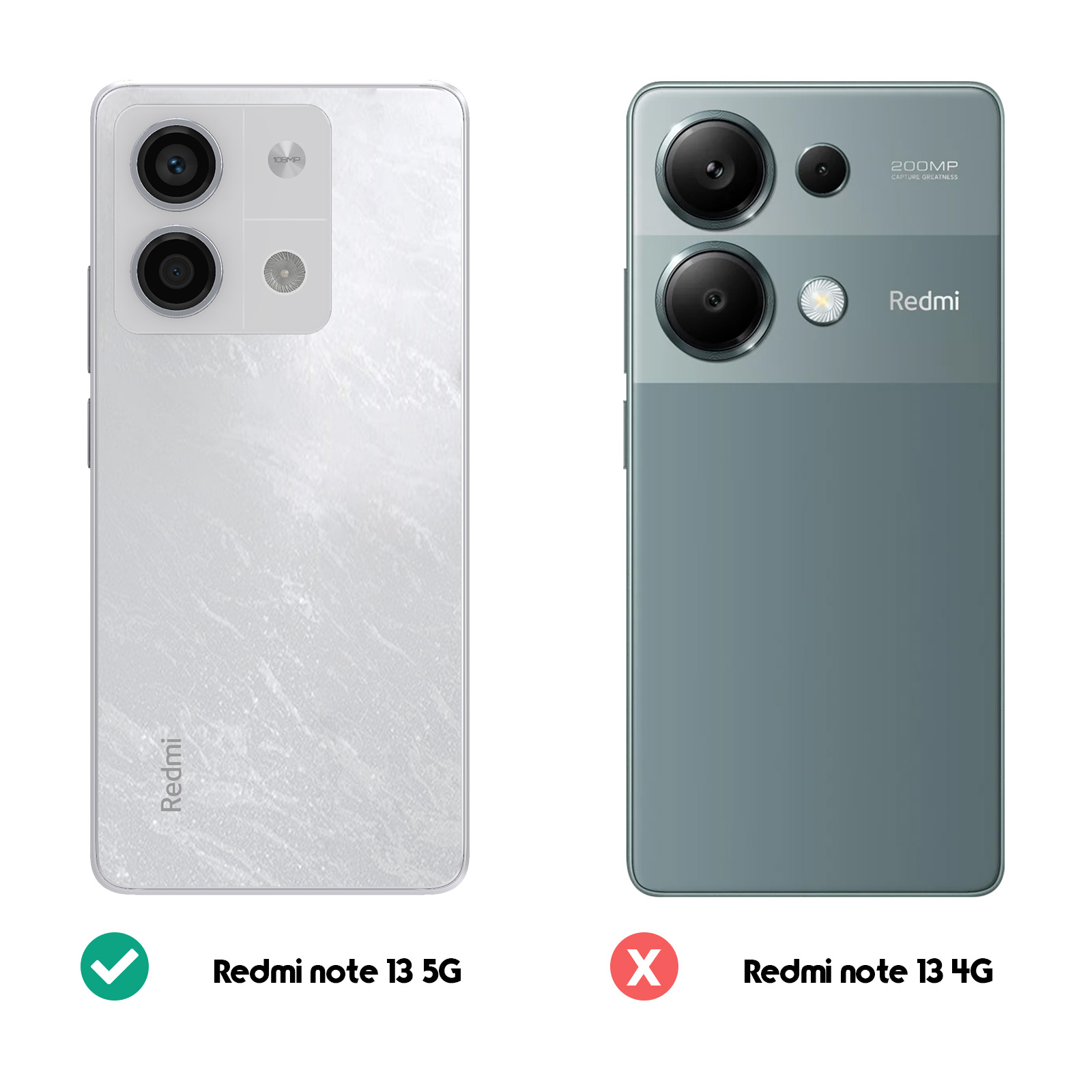 Due telefoni, il Redmi note 13 5G e il Redmi note 13 4G, con segni di spunta e croci.