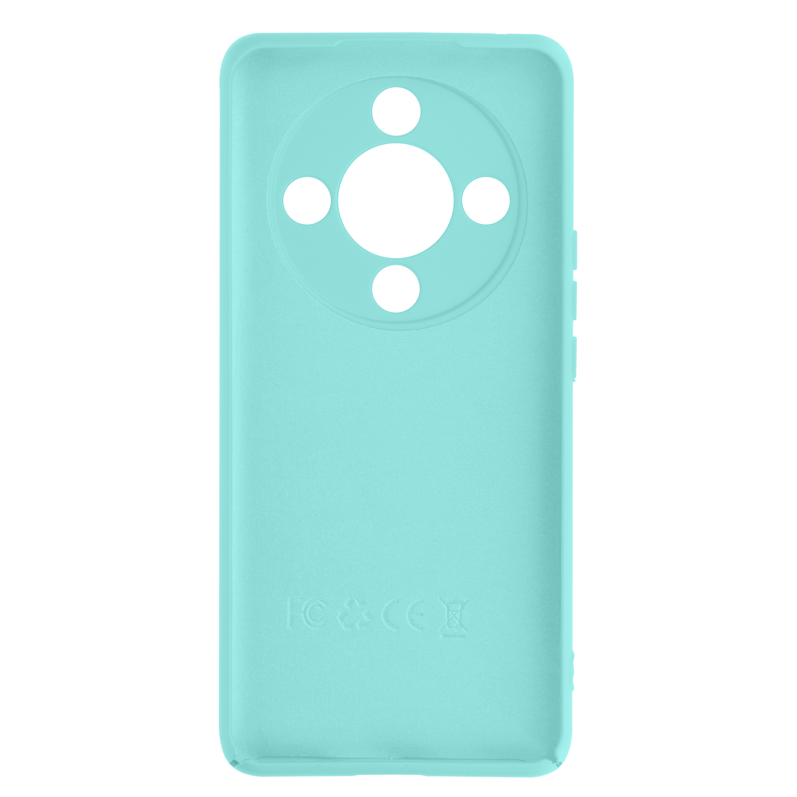 Una custodia per telefono azzurra con fori rotondi per la fotocamera e testo in basso.