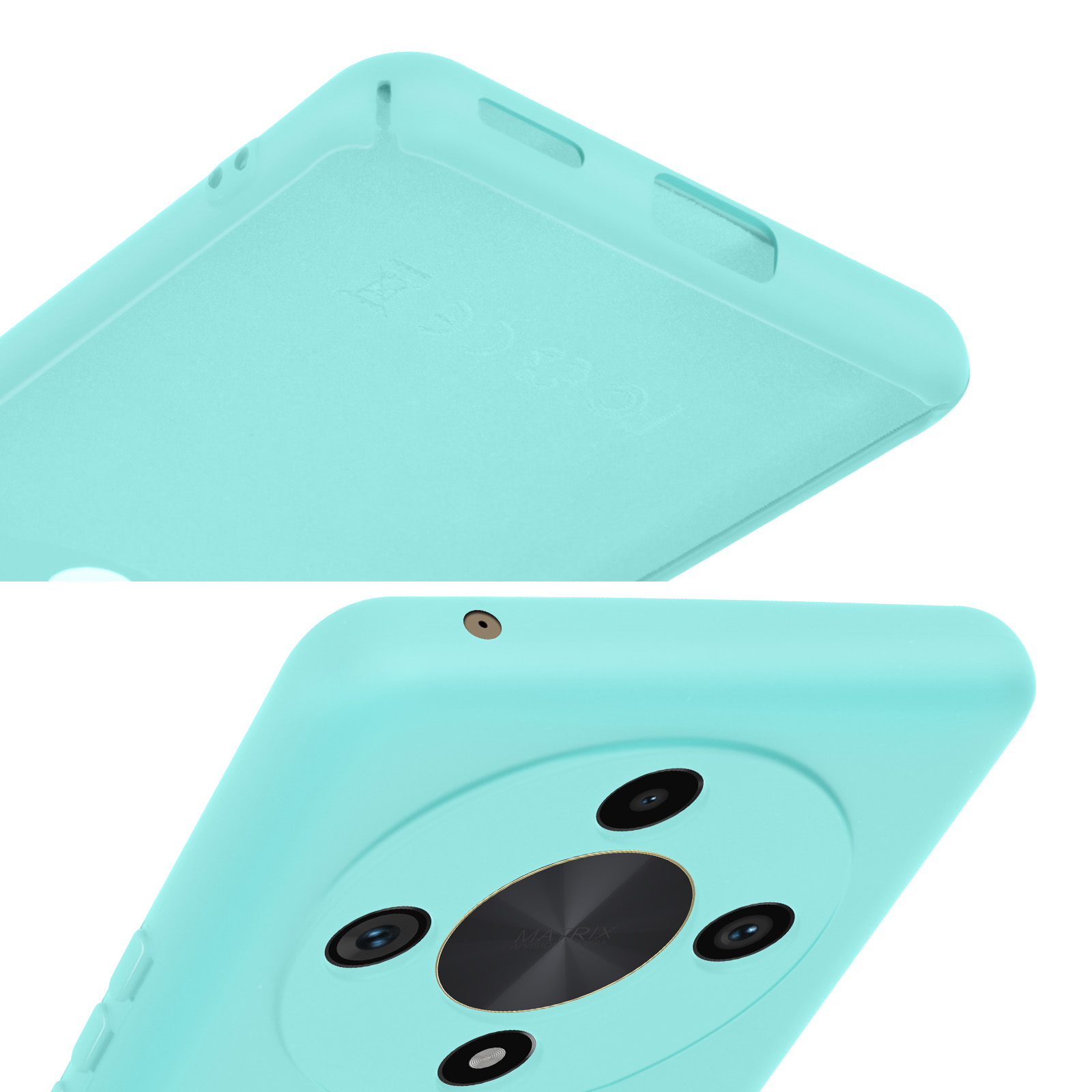 Primo piano di una custodia per telefono verde acqua. Mostra i dettagli dei bordi e del design del modulo fotocamera.