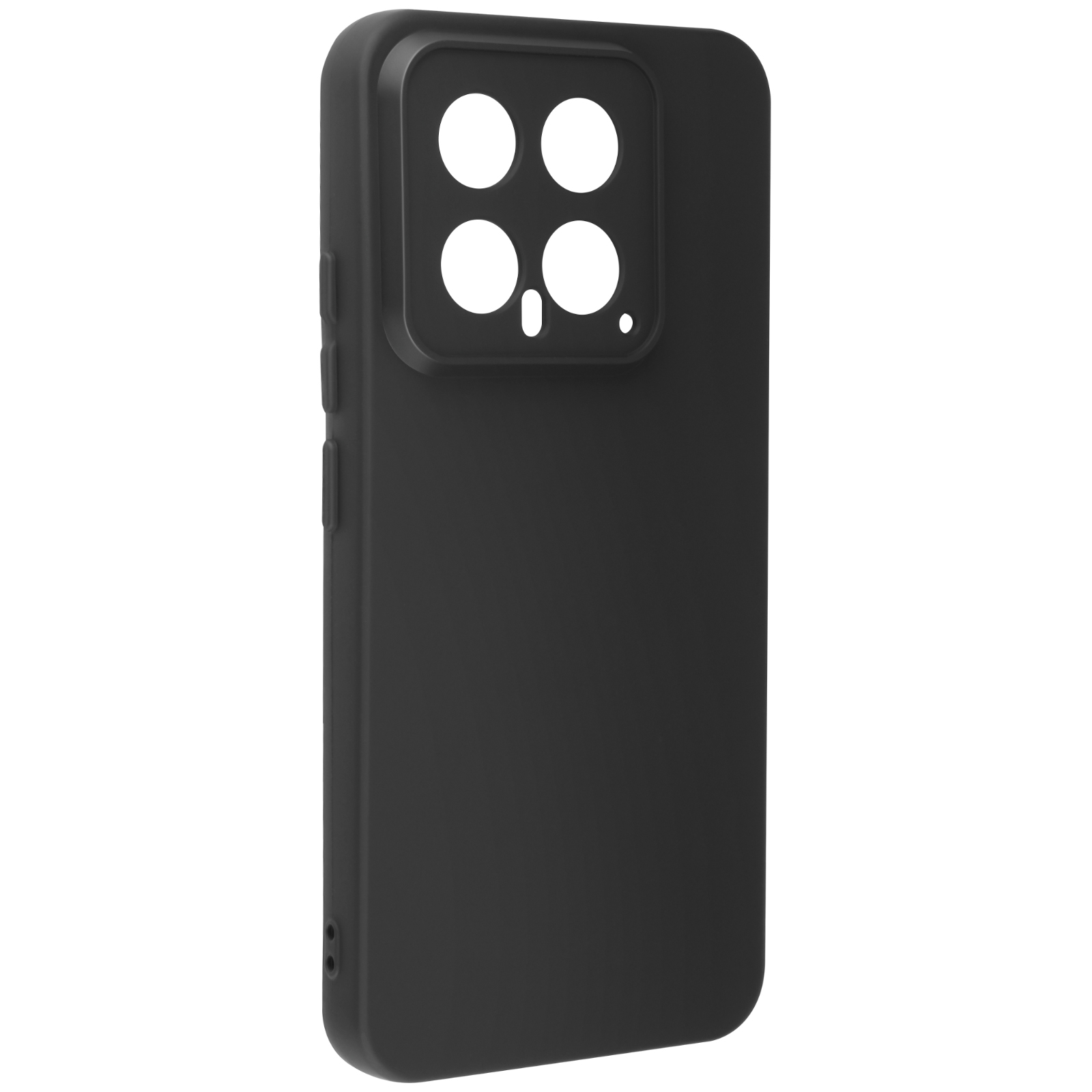 Custodia nera per telefono con ritaglio per la fotocamera. La custodia è nera e copre il telefono.