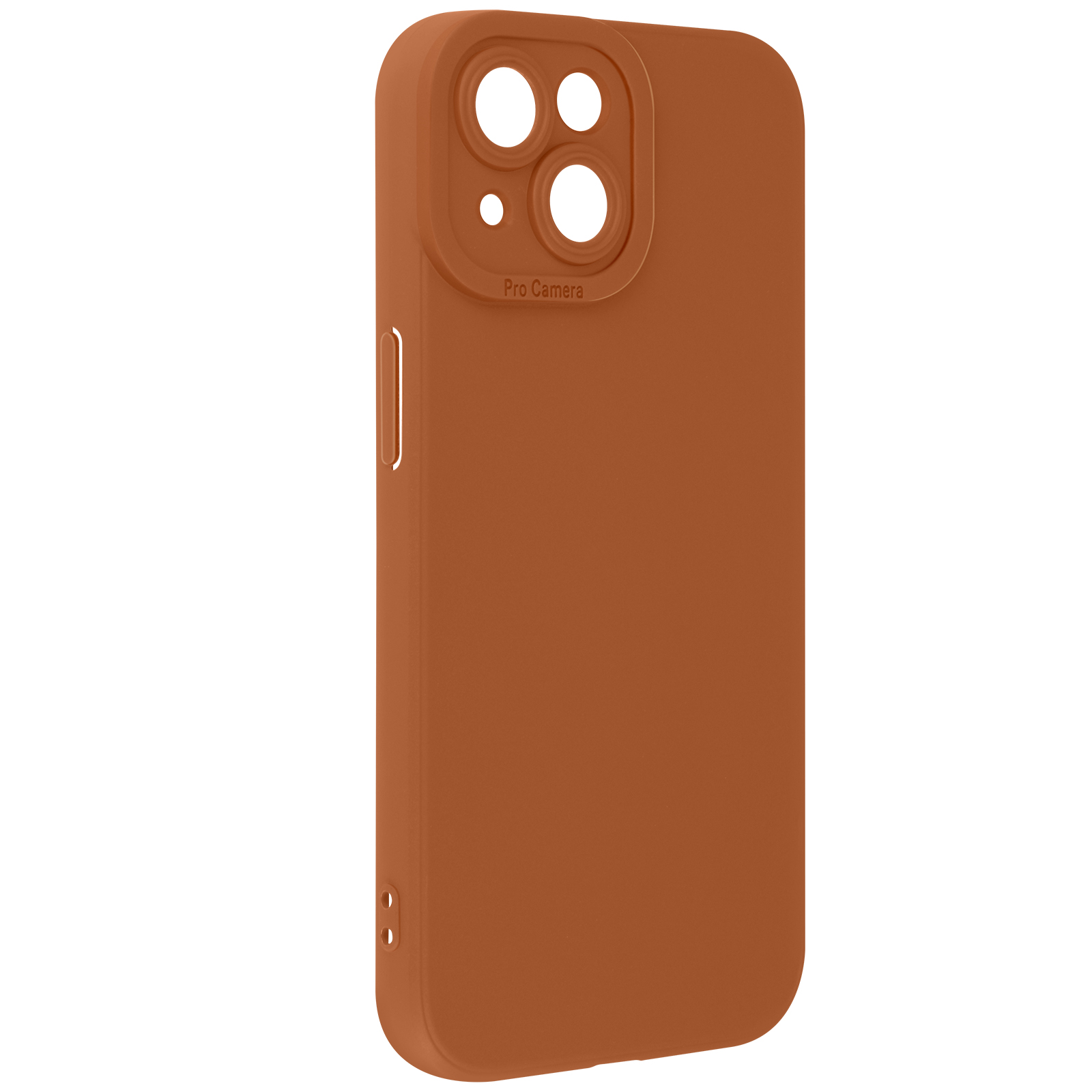 Una custodia arancione per telefono con fori per fotocamera. Copre i lati e il retro del telefono. Ha un pulsante.