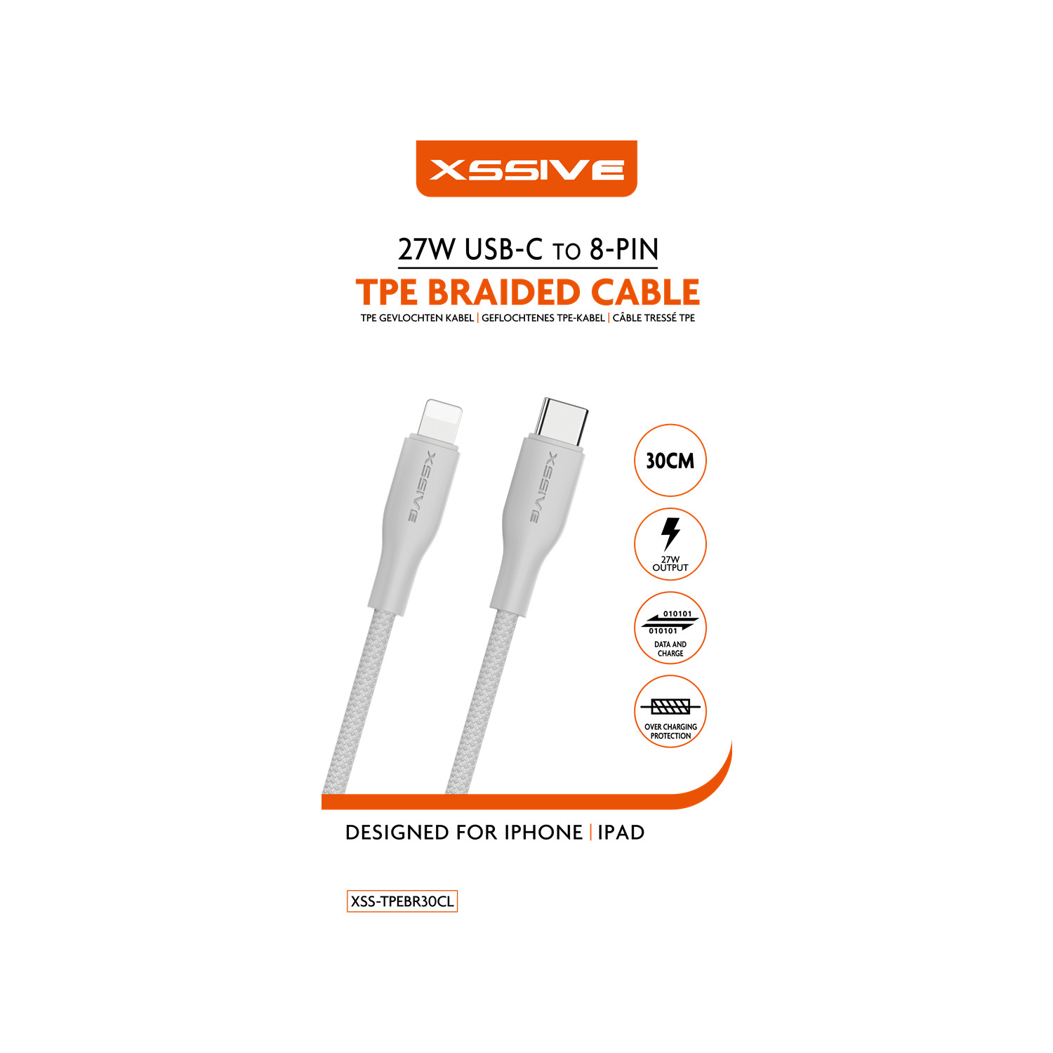 Weißes USB-C-zu-8-Pin-Kabel. Die Verpackung trägt den Text: 27W USB-C-zu-8-Pin TPE geflochtenes Kabel.