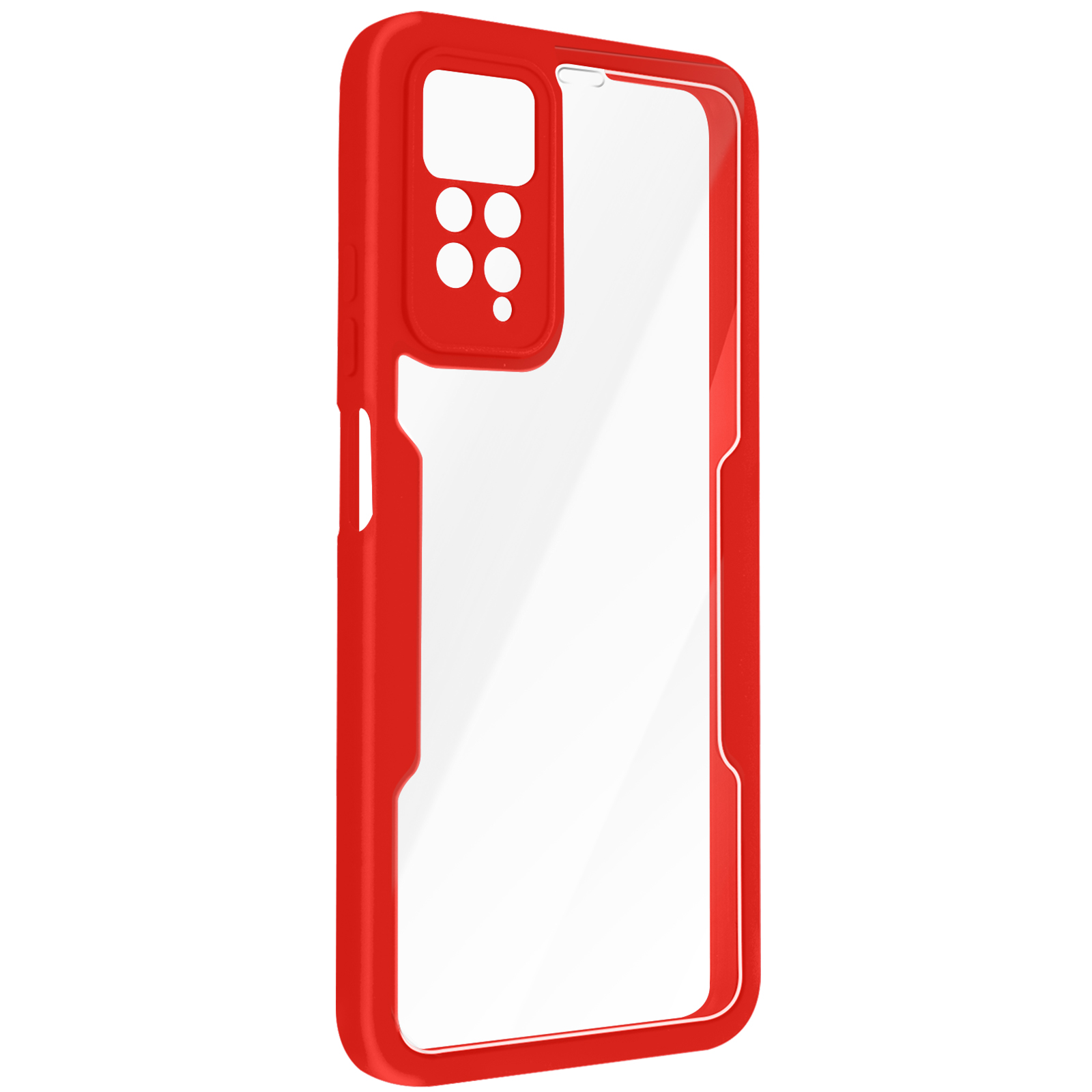 Custodia rossa per telefono con centro trasparente. Include ritagli per fotocamera e pulsanti.