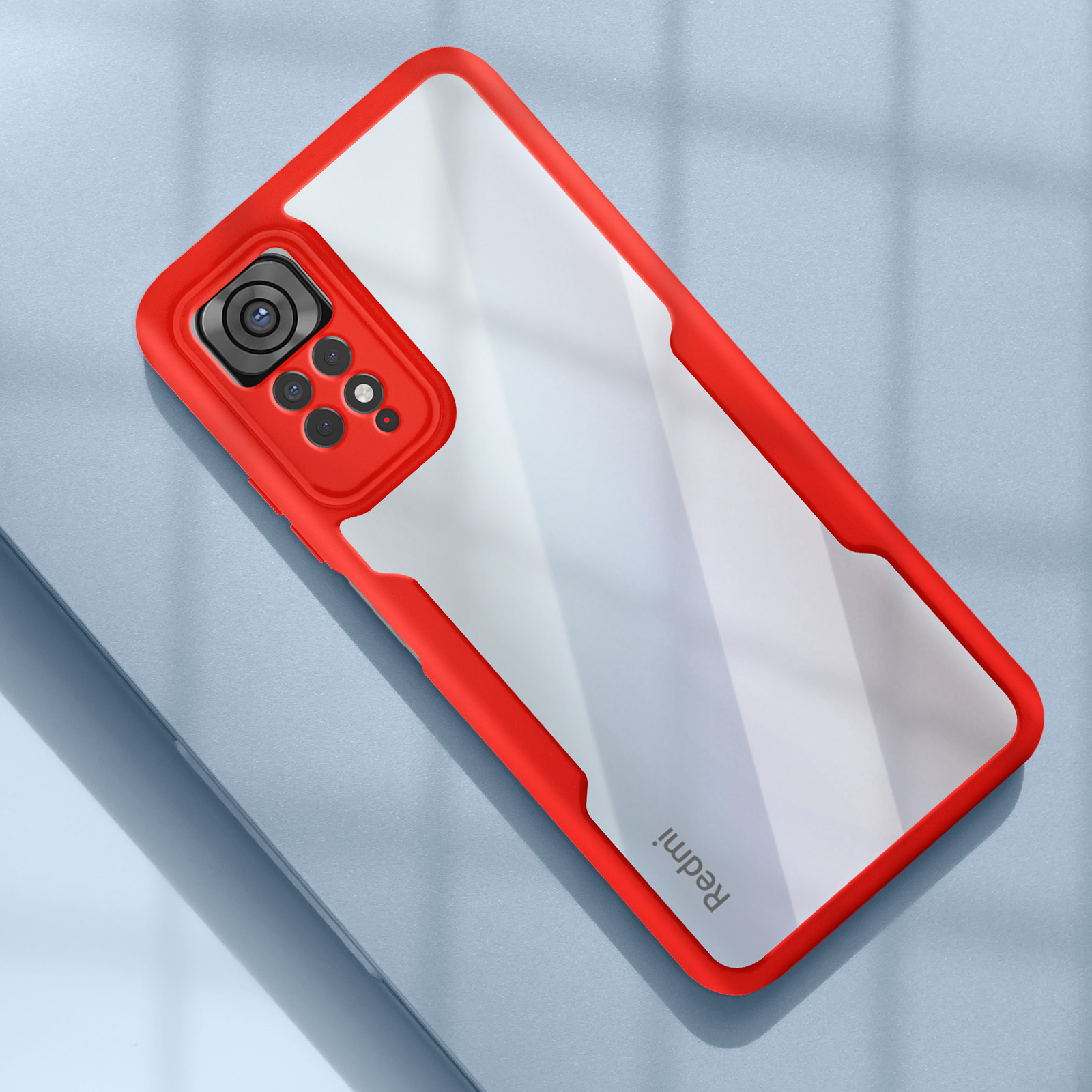 Custodia rossa per telefono con retro trasparente, ritaglio fotocamera e logo.