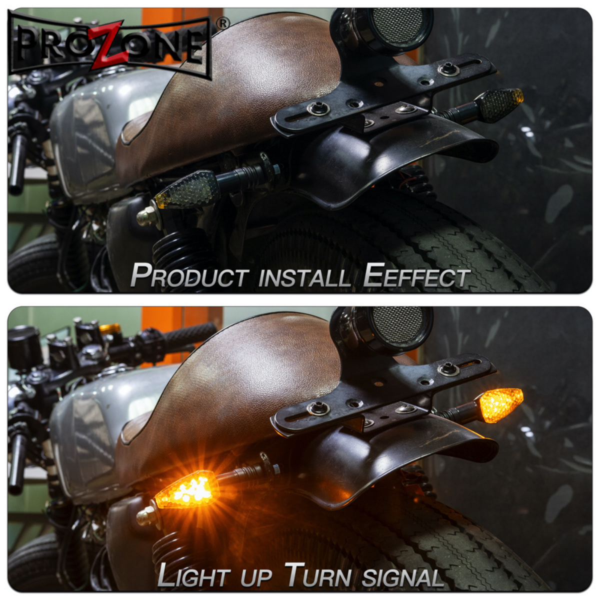 Motorradheck mit braunem Sitz, blinkendem Blinker. Produktinstallationseffekt und Leucht-Blinker-Text vorhanden.