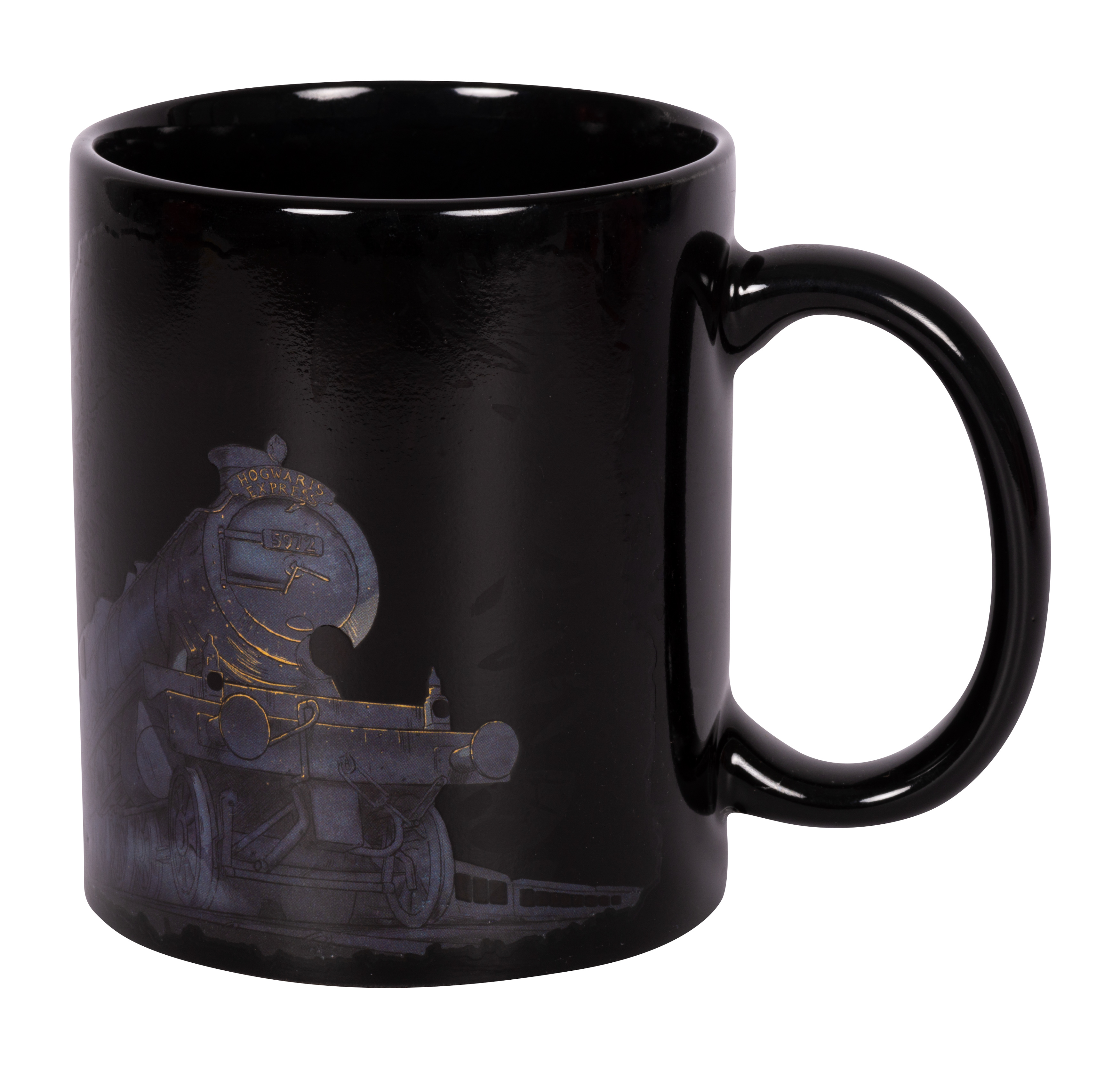 Schwarze Keramiktasse mit Hogwarts Express Zugbild, schwarzer Henkel, auf schwarzem Hintergrund.