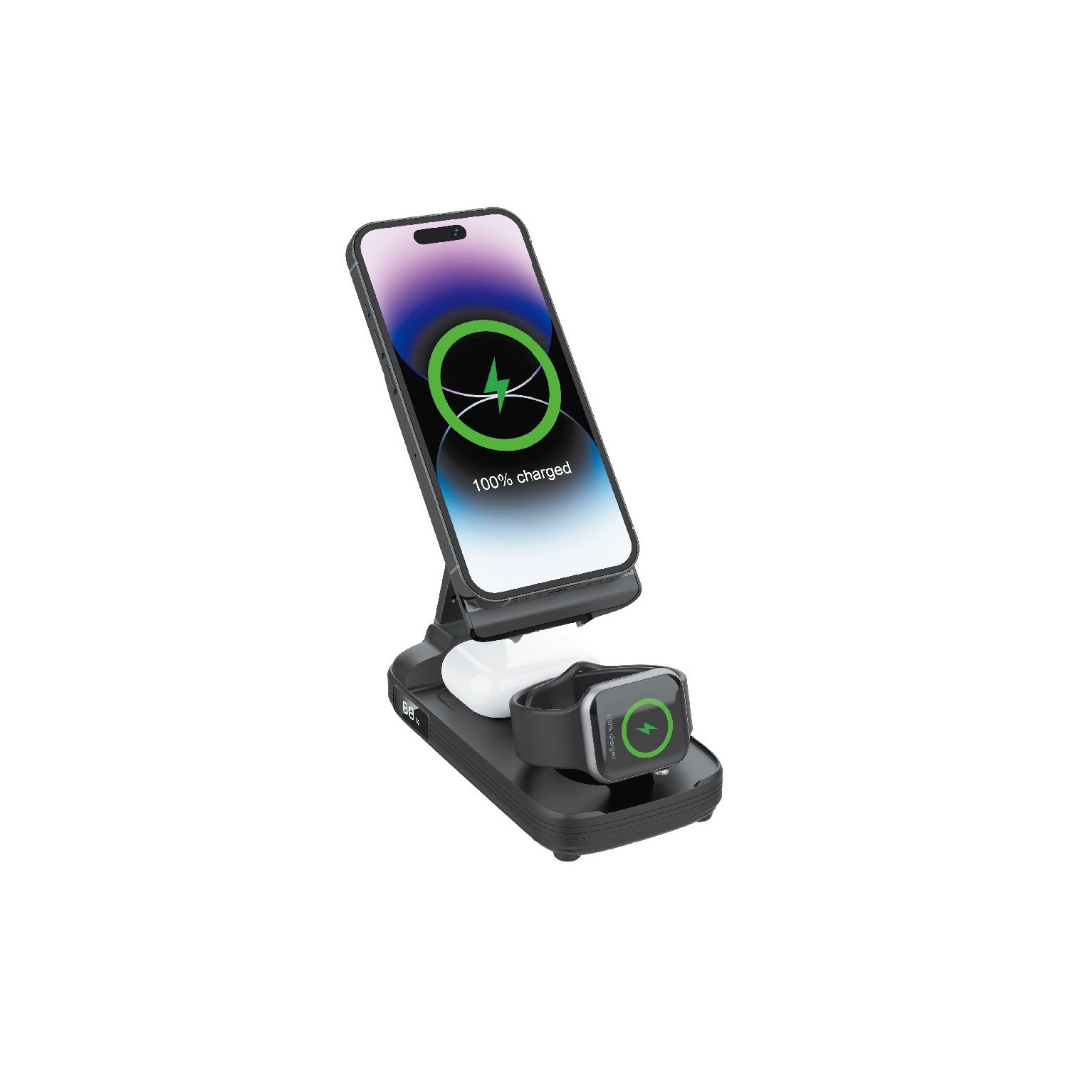 Ladestation mit Telefon, Uhr und Ohrhörern. Telefon zeigt 100% geladen an.