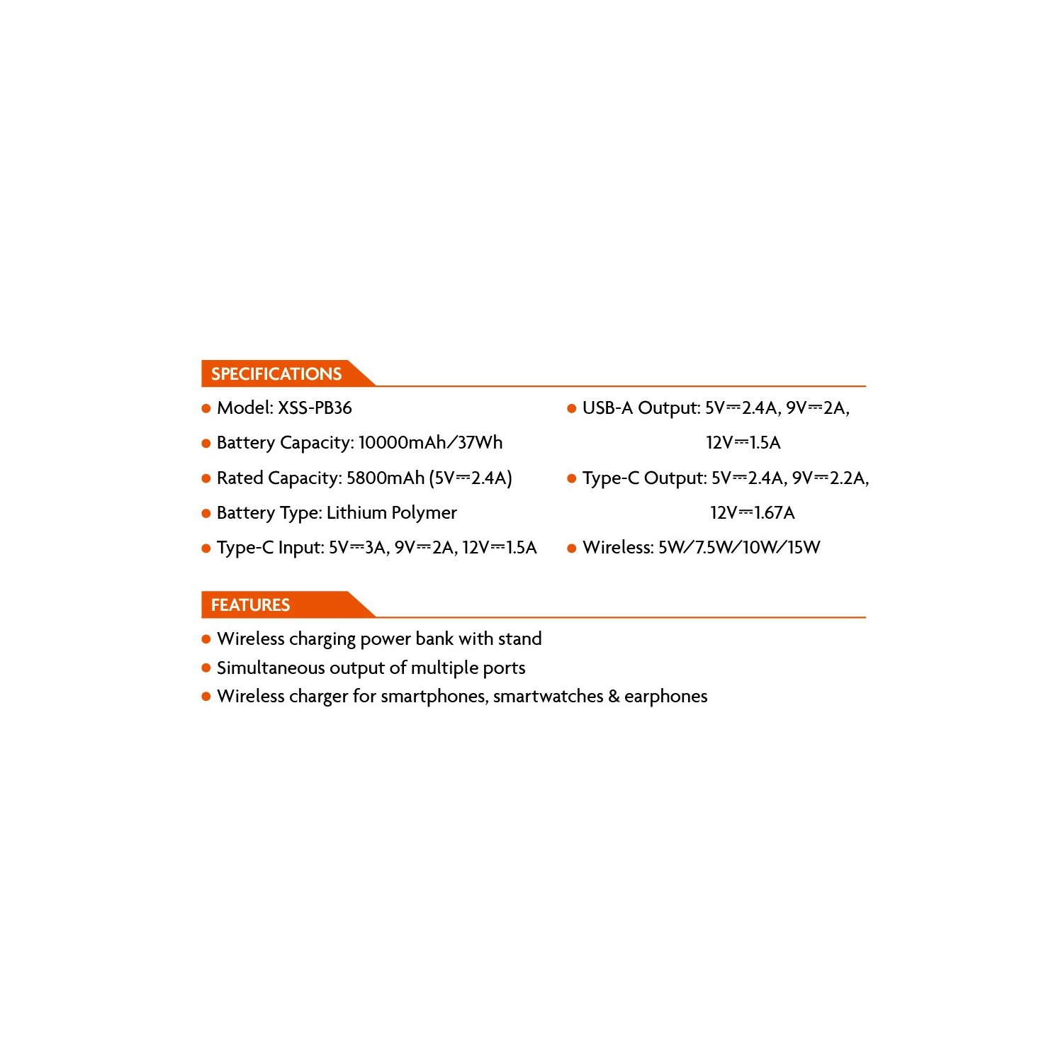Spezifikationen und Funktionen in Textform. Die Spezifikationen umfassen Modell-, Batterie- und Ausgangsdetails.