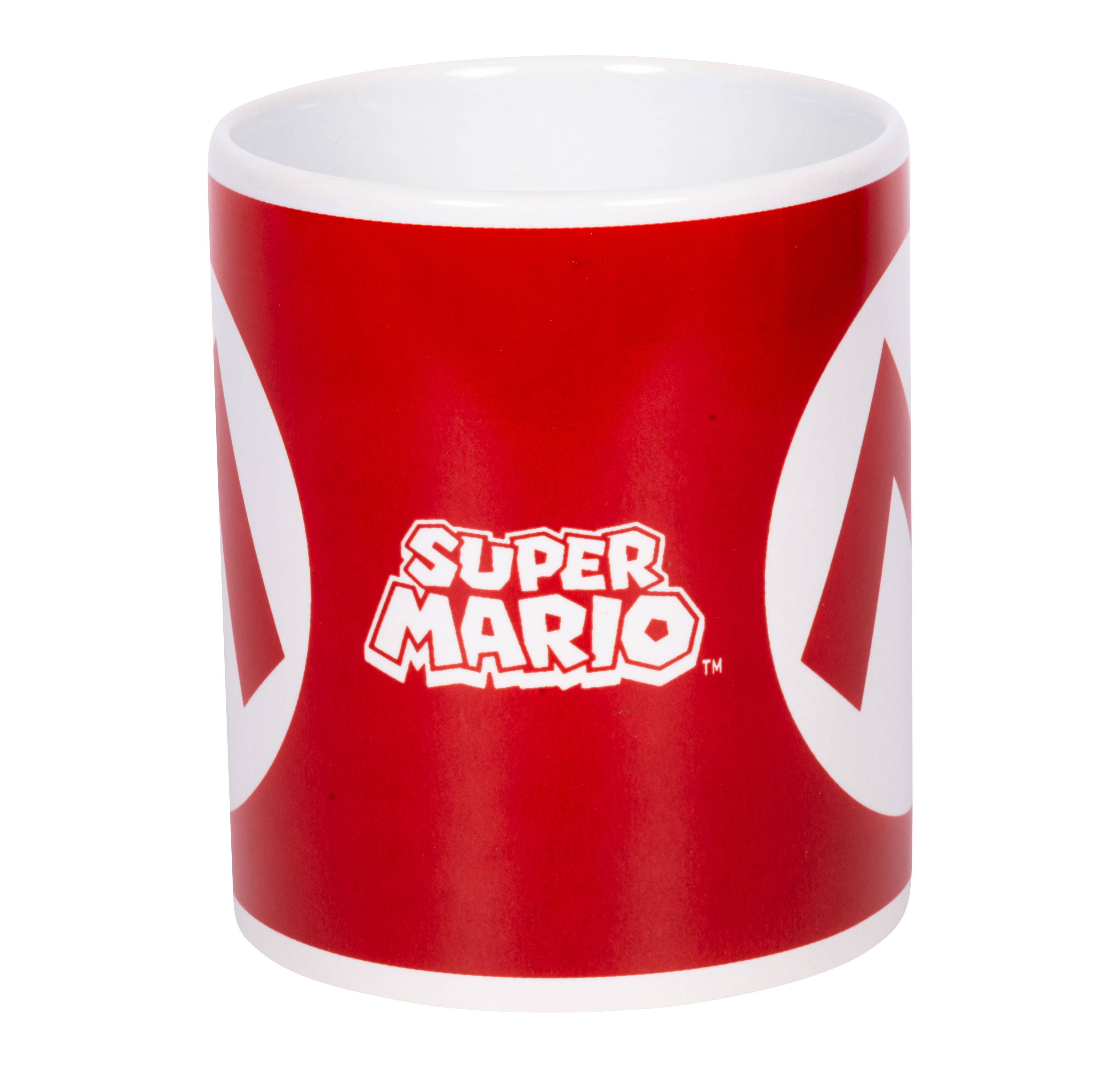 Ein weiß-roter Super Mario-Becher. Das Mario-Logo ist prominent.