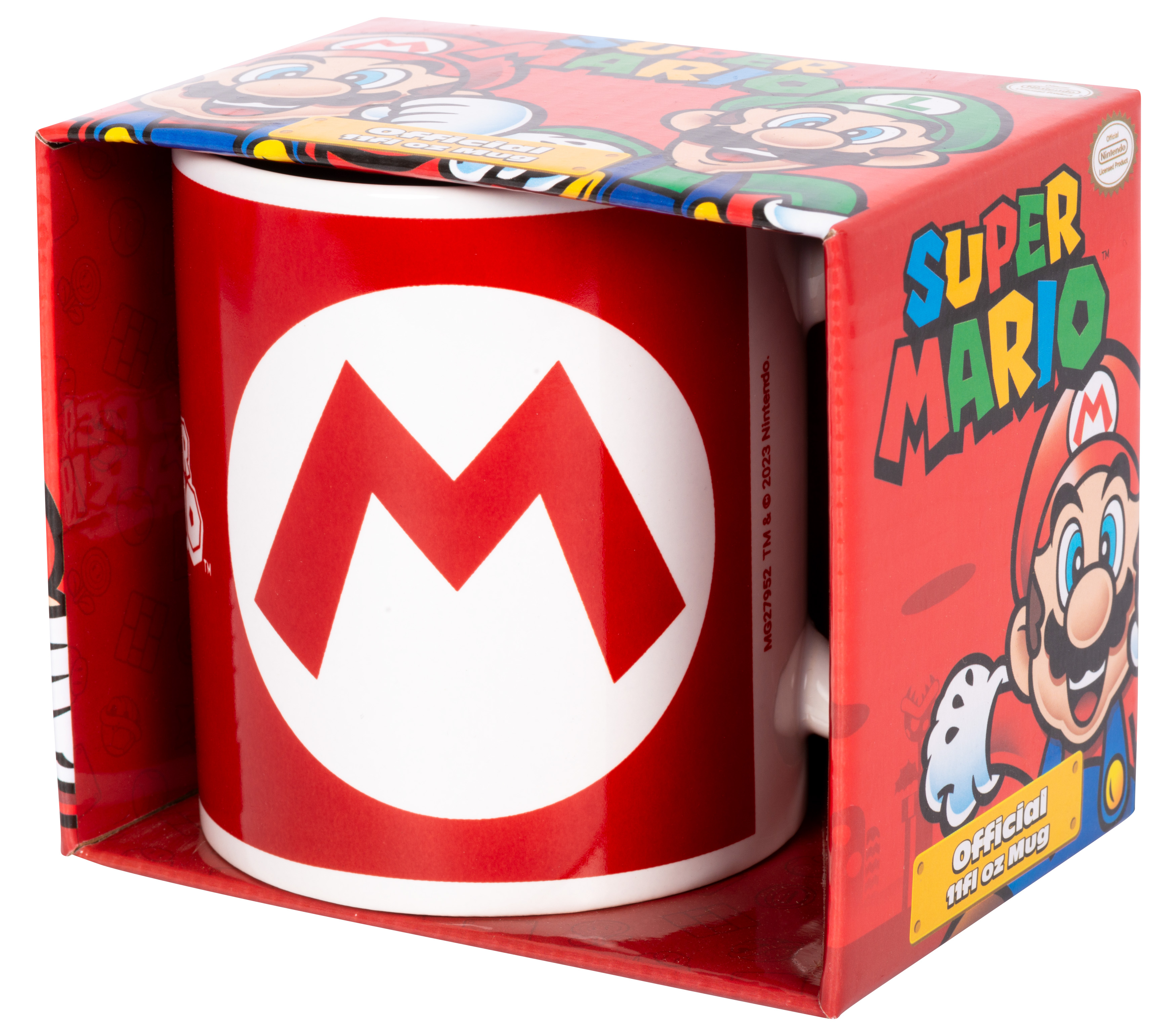 Ein Super Mario-Becher in seiner Box. Der Becher ist rot mit einem weißen 'M'-Logo. Die Box hat Mario- und Luigi-Grafiken.