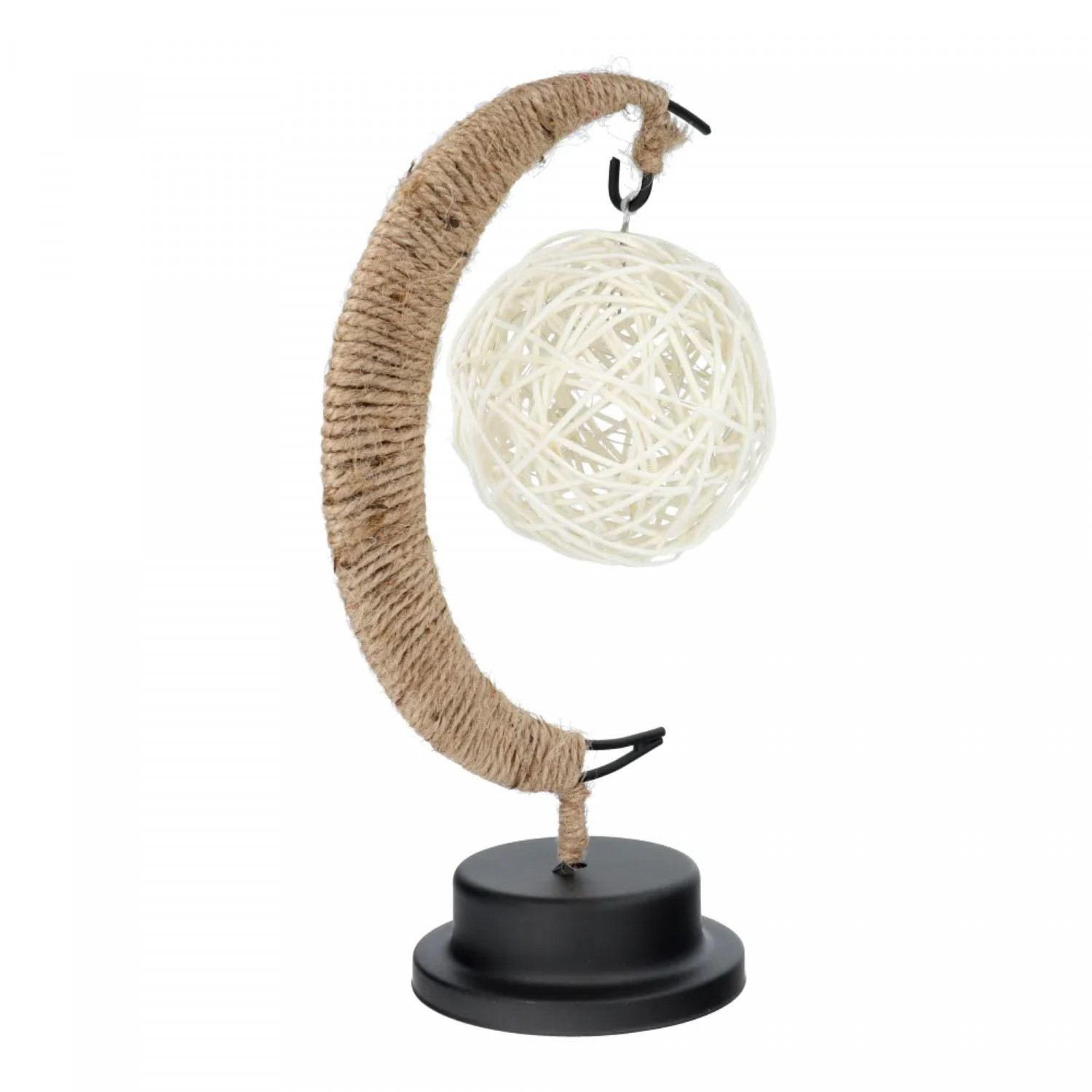 Eine dekorative Lampe mit einem gewebten Kugelschirm und einem gebogenen, seilumwickelten Arm.