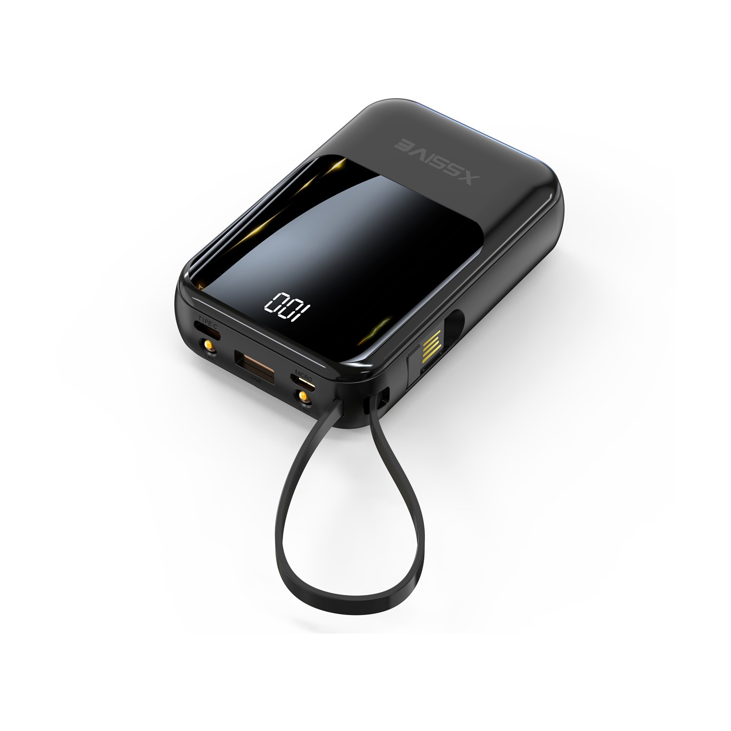 Schwarze Powerbank mit Digitalanzeige 100%. Sie hat einen schwarzen Riemen.