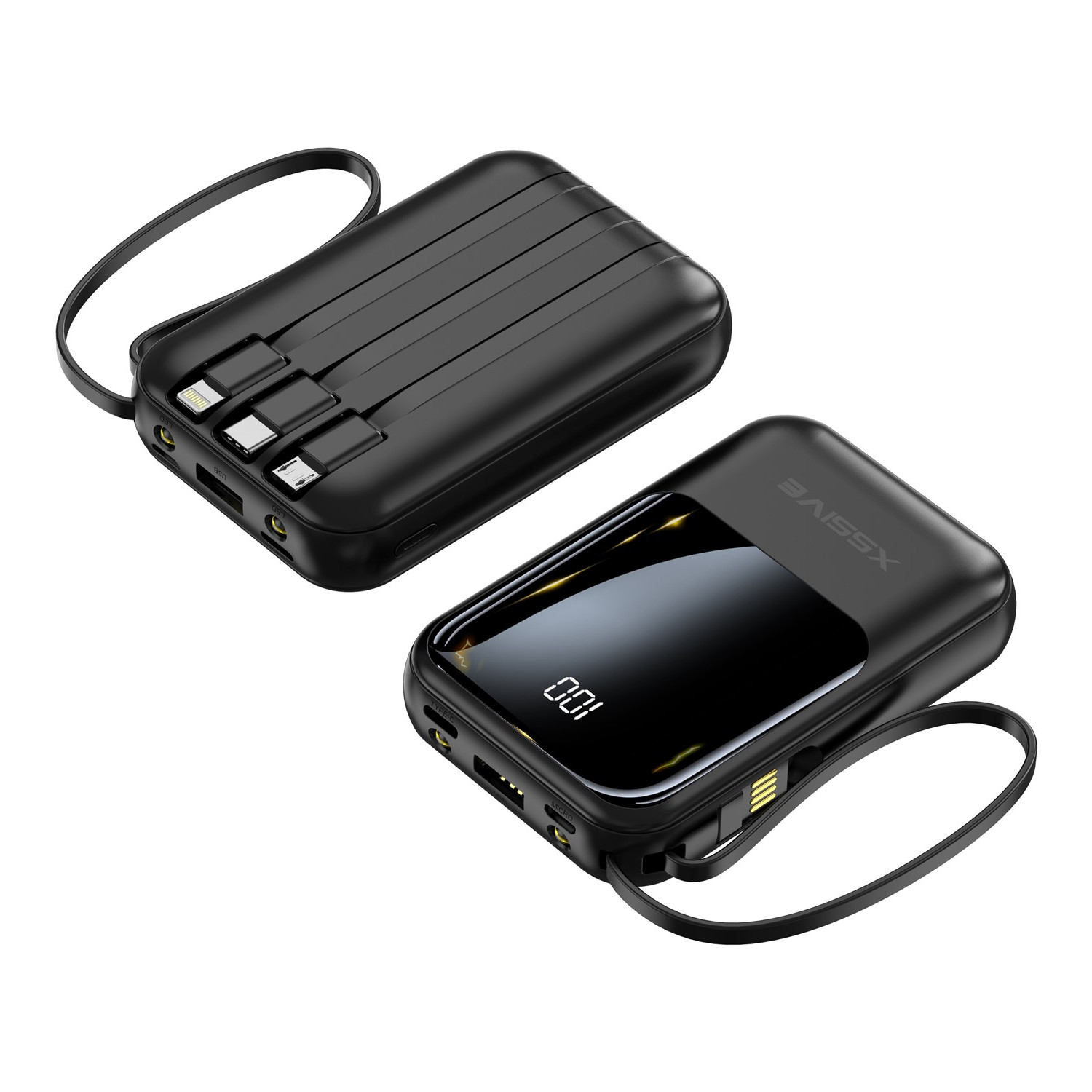 Zwei schwarze Powerbanks mit mehreren Anschlüssen und einem Display, das eine Zahl anzeigt.