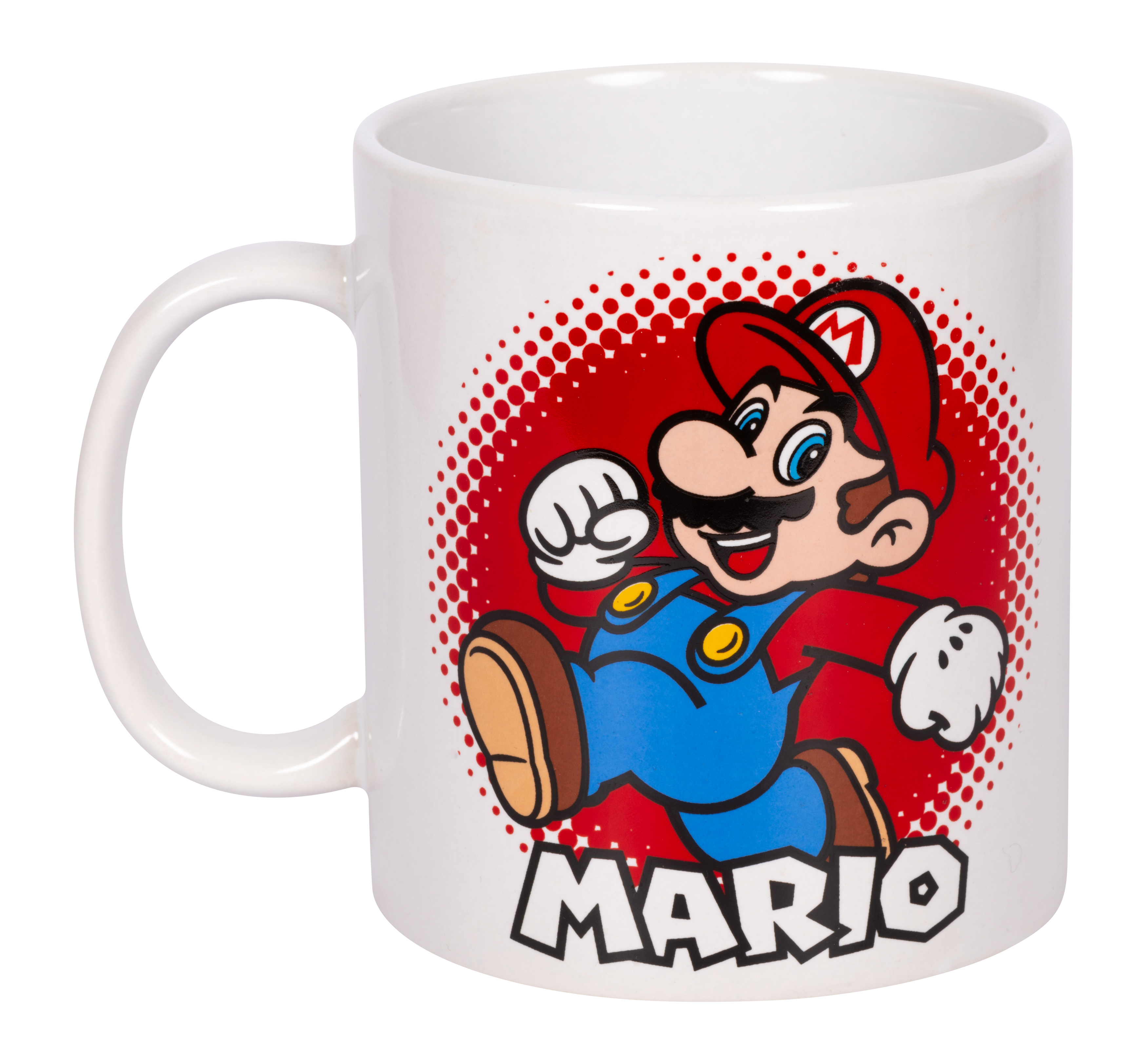 Weiße Tasse mit einer laufenden Mario-Grafik und dem Wort "MARIO" darunter auf weißem Hintergrund.
