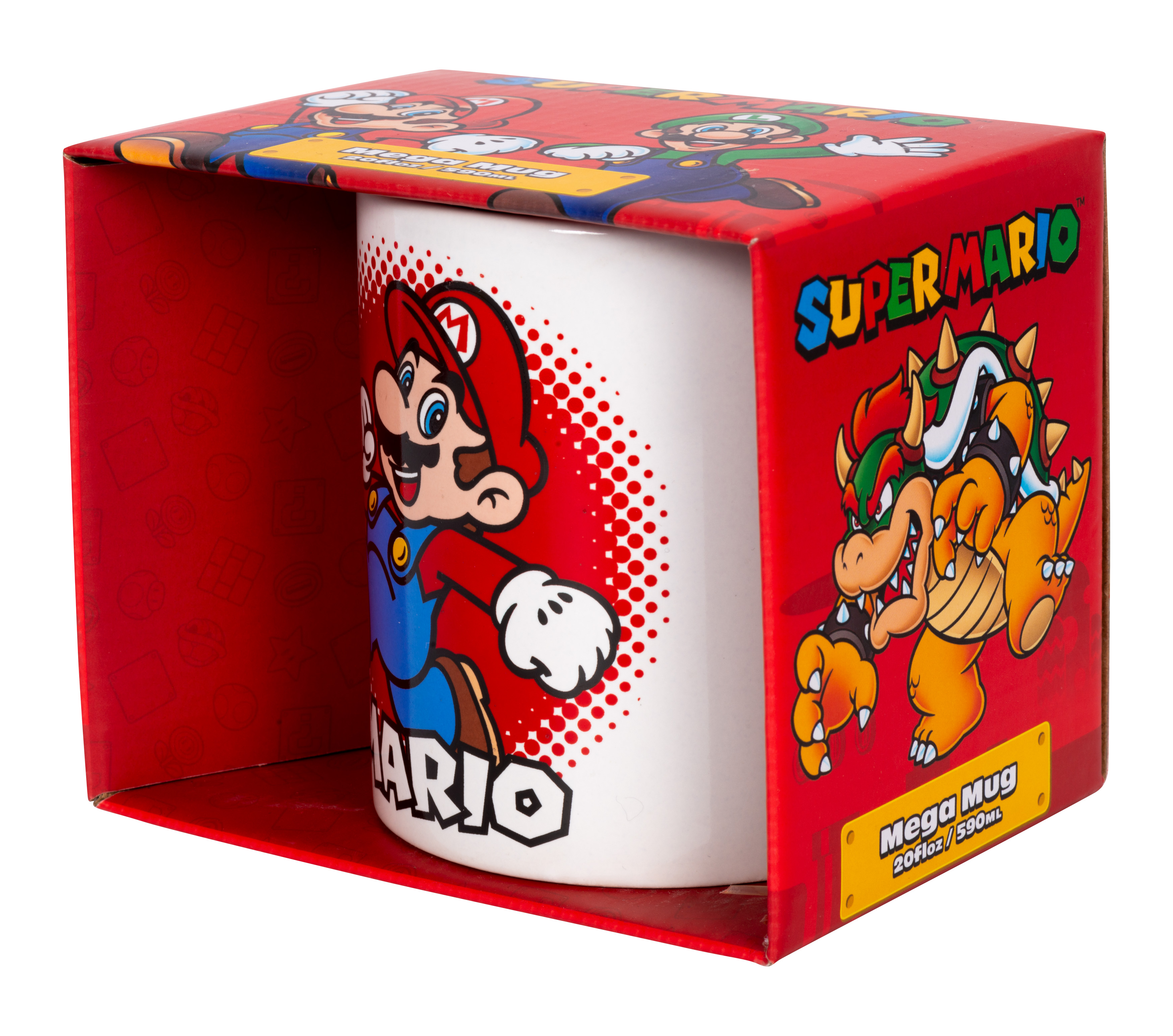 Super Mario-Tasse in einer roten Box. Mario ist auf der Tasse, die Box hat Bilder von Mario-Charakteren.