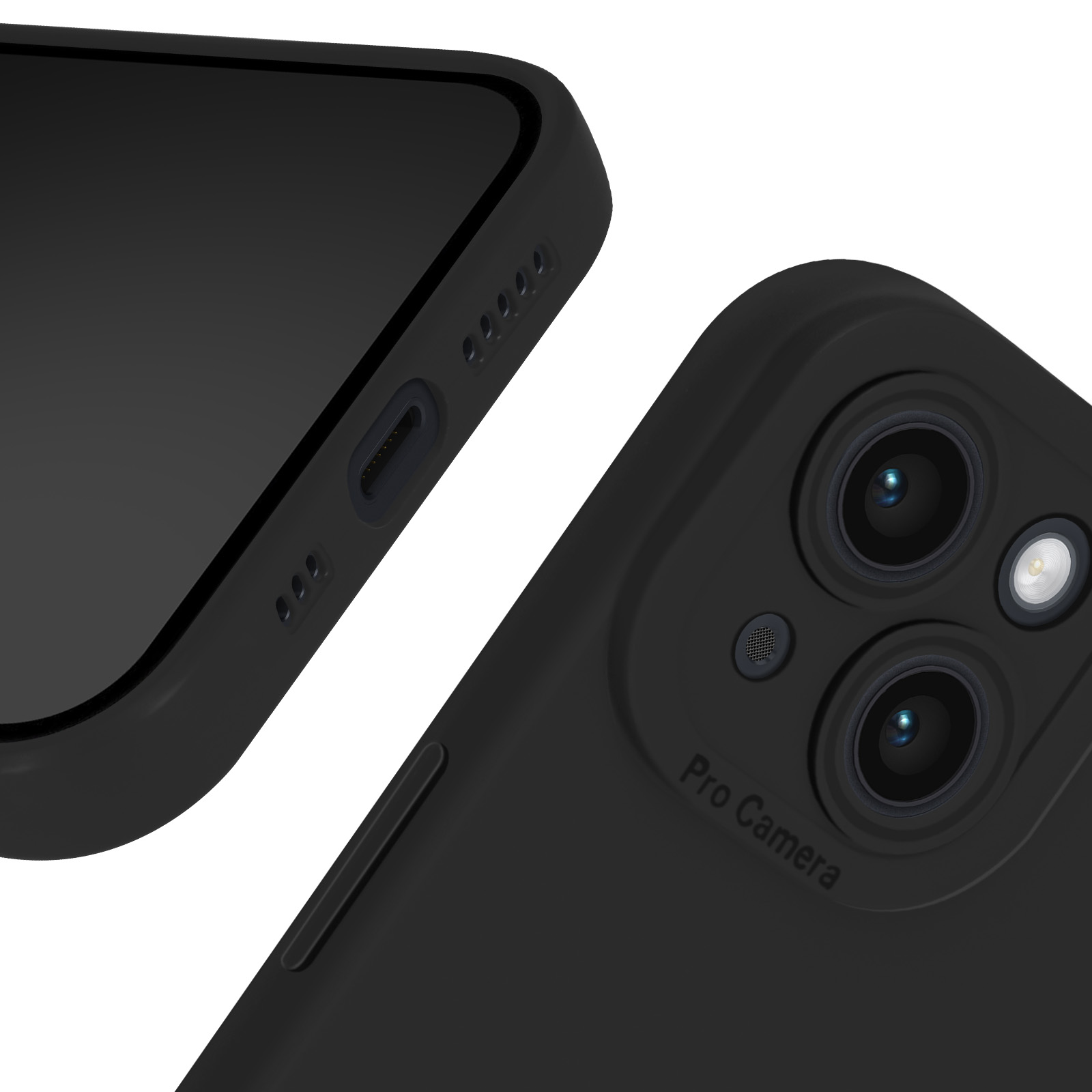 Custodia nera per telefono, dettagli: fotocamera e pulsanti. Primo piano.