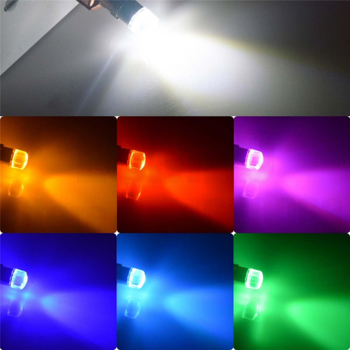 Mehrere kleine Lichter werden gezeigt, die verschiedene Farben emittieren: weiß, gelb, rot, lila, blau und grün.