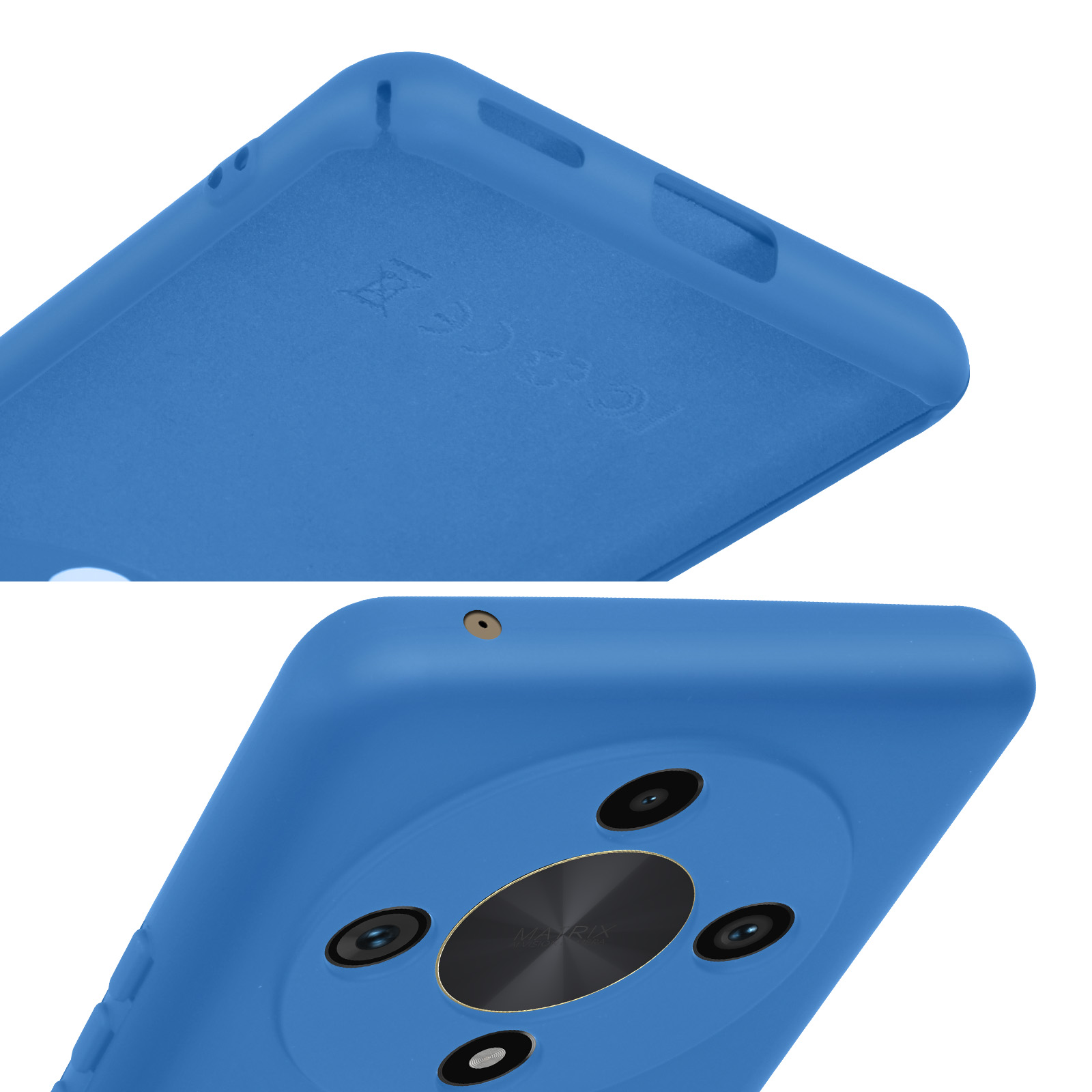 Een blauwe telefoonhoes, boven- en achteraanzicht, met cameralenzen en zijknoppen.