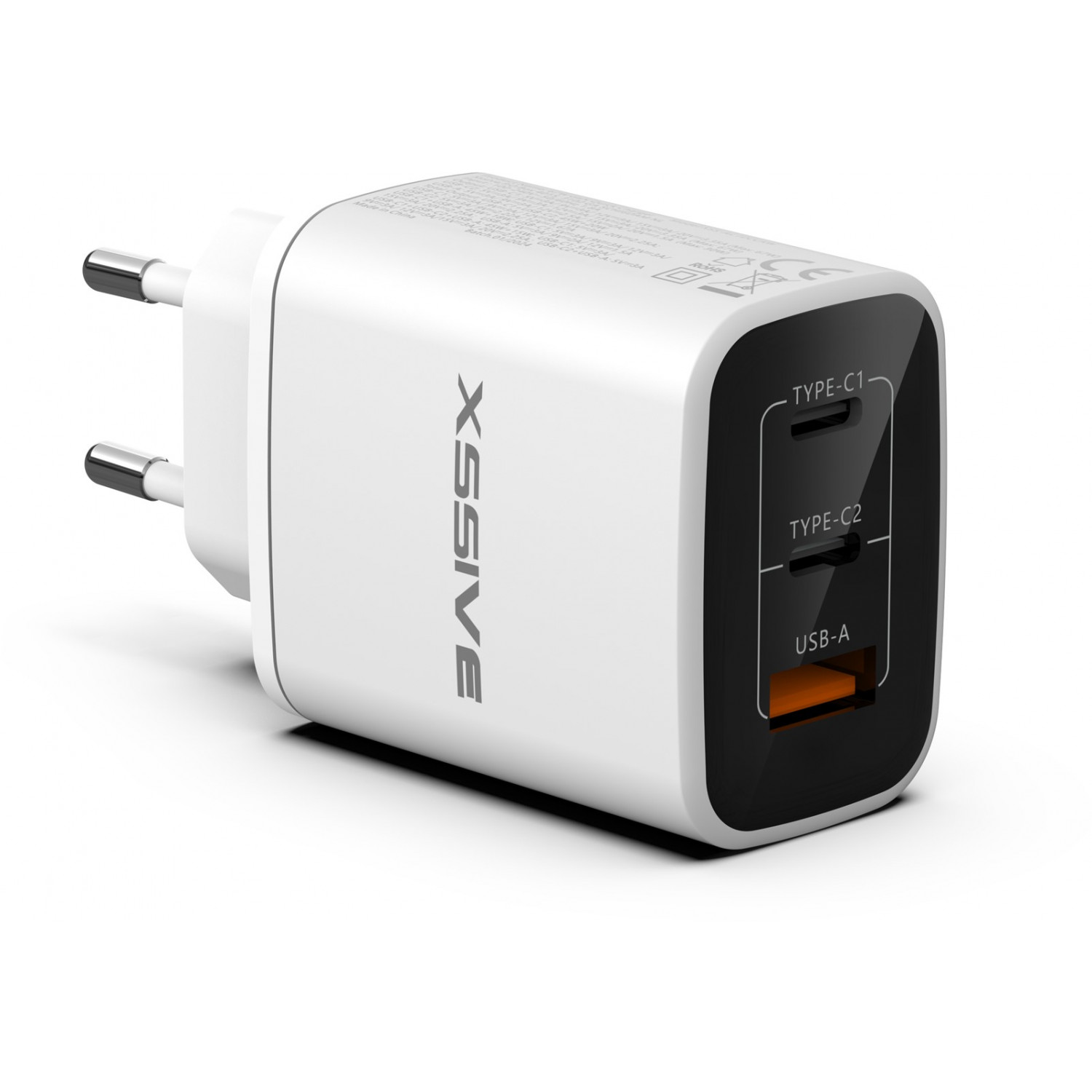 Weißes und schwarzes Ladegerät mit zwei USB-Anschlüssen, beschriftet Typ-C1, Typ-C2 und USB-A.