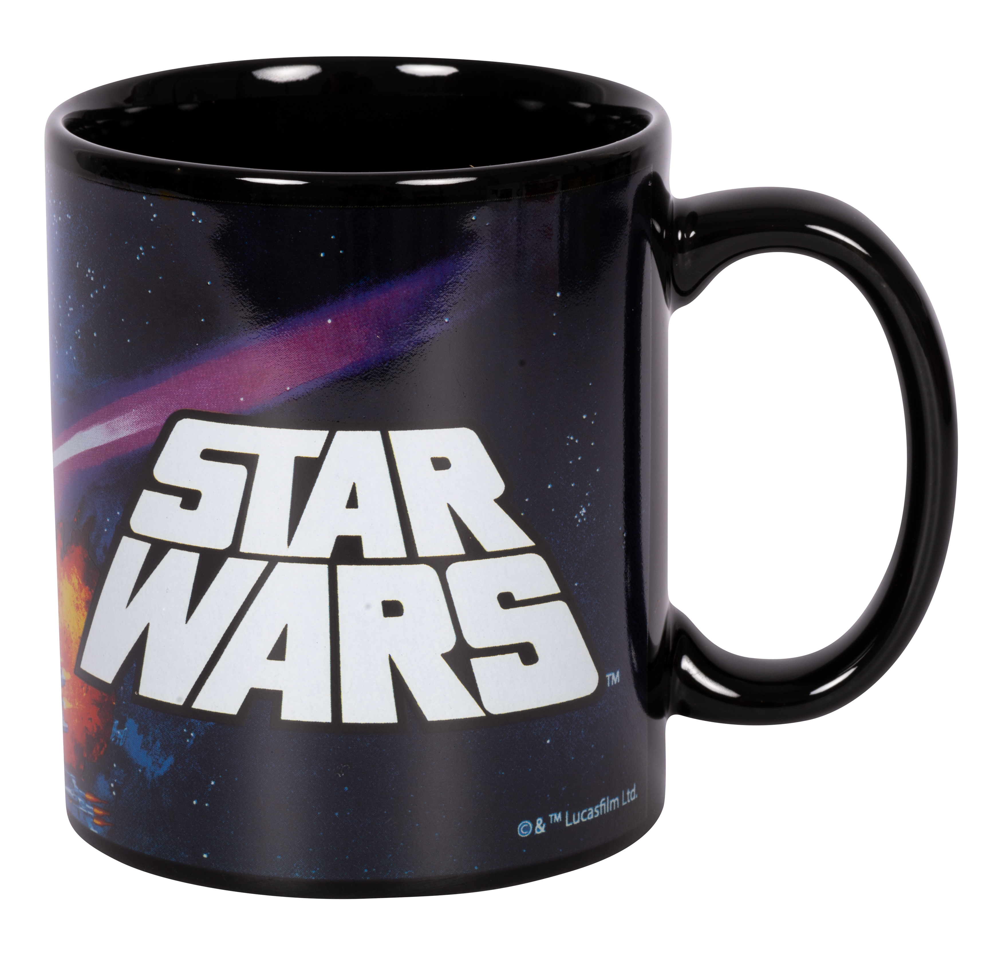 Mug Star Wars noir avec logo et scène spatiale.