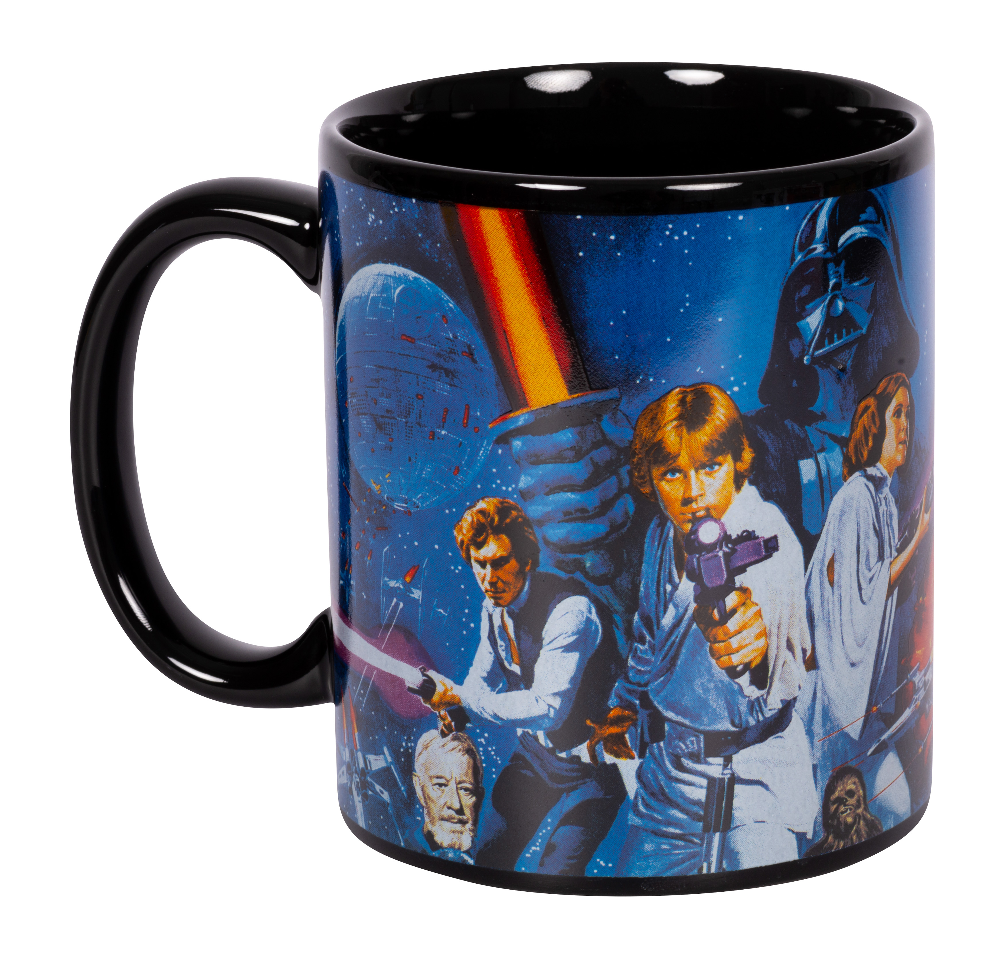 Mug Star Wars avec un design d'affiche de film. Avec Dark Vador, Luke Skywalker, Han Solo.