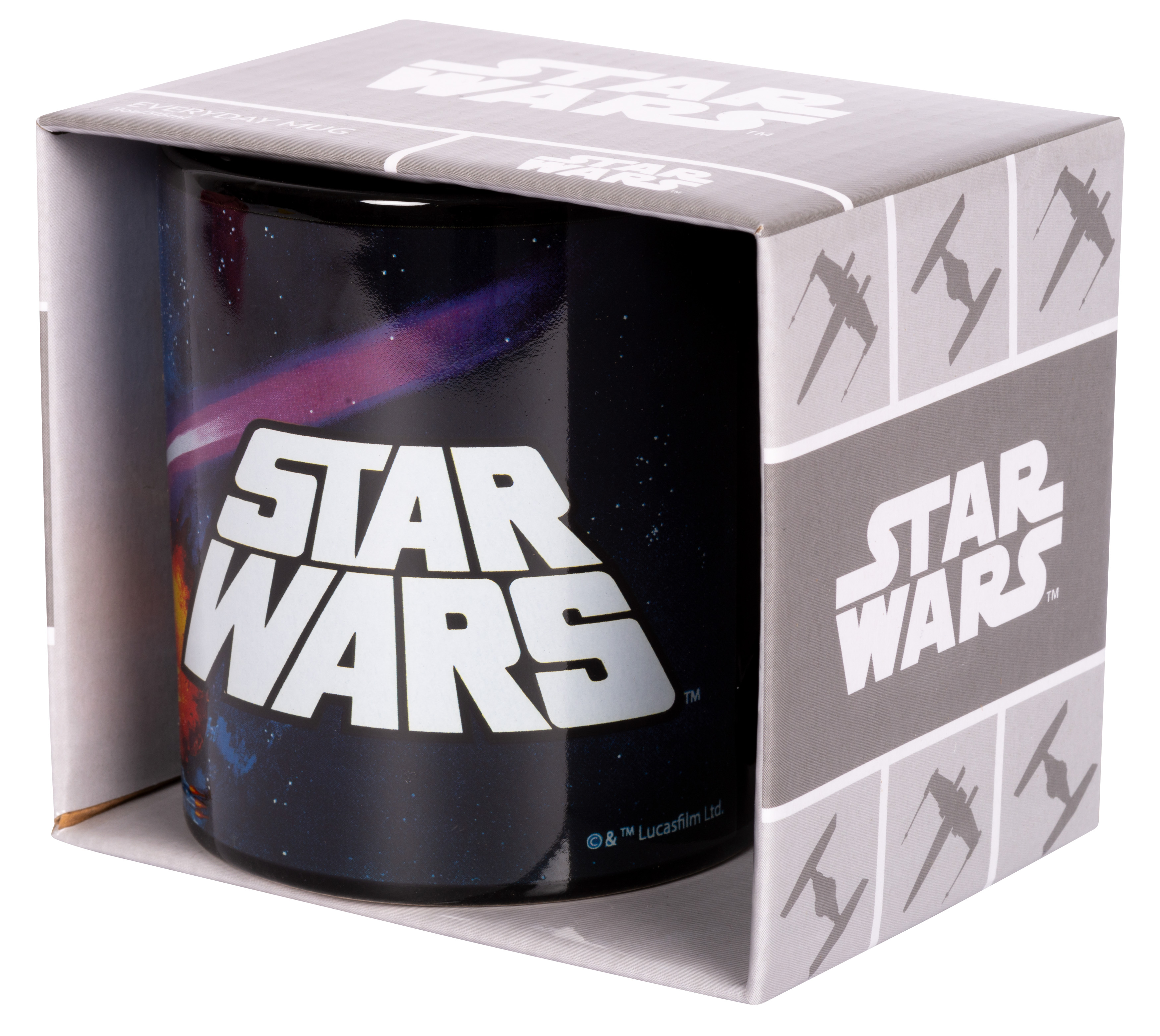 Un mug Star Wars à l'intérieur d'une boîte avec le logo et les images Star Wars.