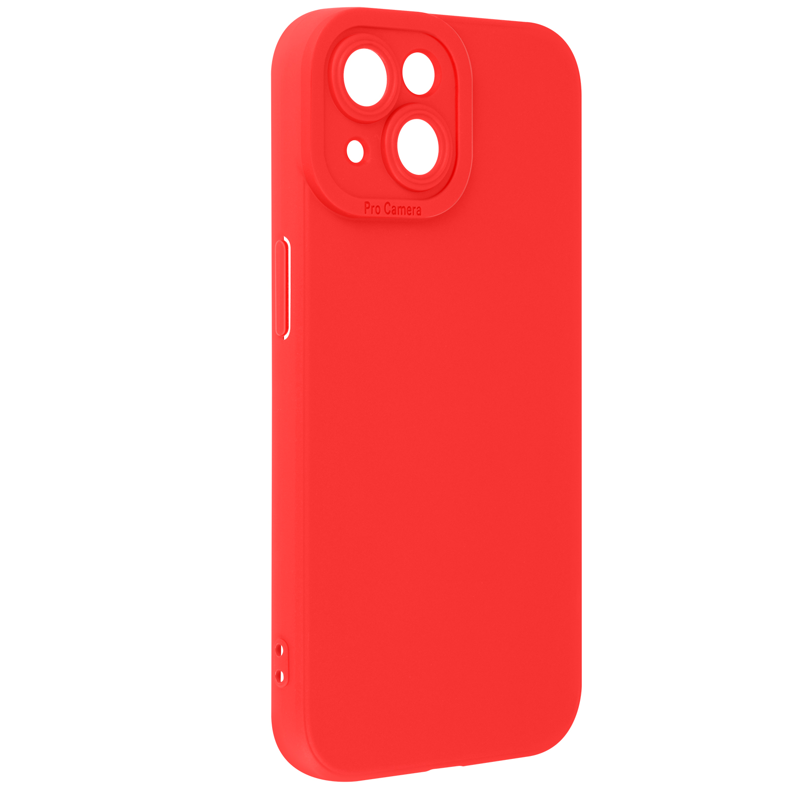 Custodia rossa per telefono con tre fori per la fotocamera. La custodia è liscia, con un pulsante laterale.