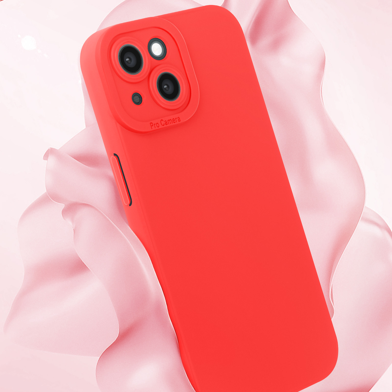 Custodia per telefono rossa con tre fotocamere, su sfondo rosa.