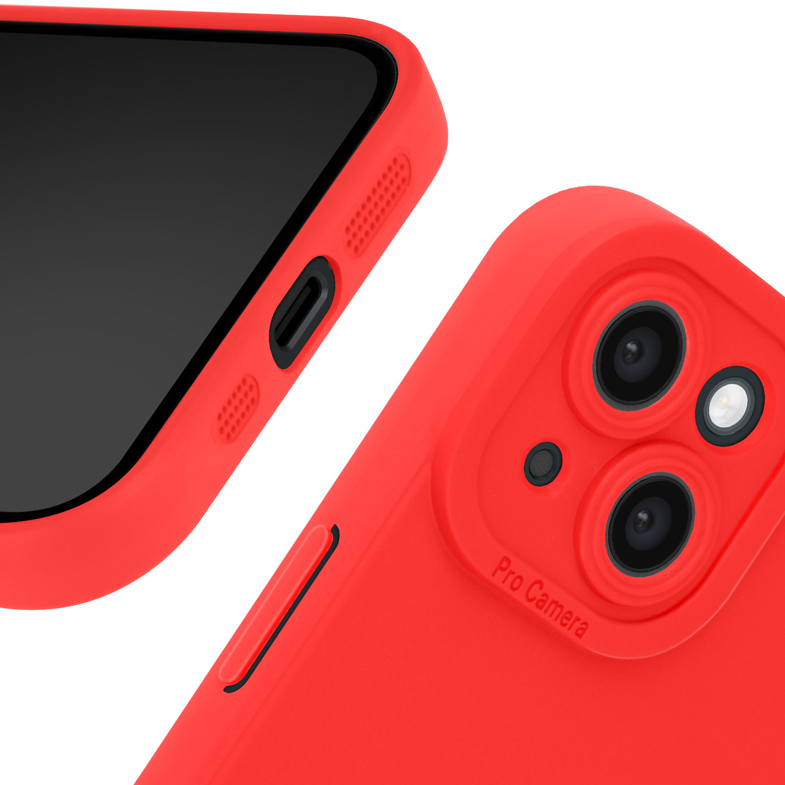 Una custodia per telefono rossa. La custodia ha ritagli per fotocamera e pulsanti.