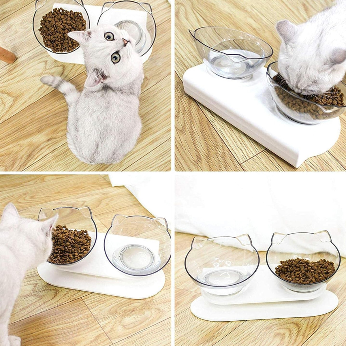 Vier Fotos von Katzen mit Futternäpfen. Katzen essen aus Schalen, Schalen auf weißen Plattformen, voll mit Futter.