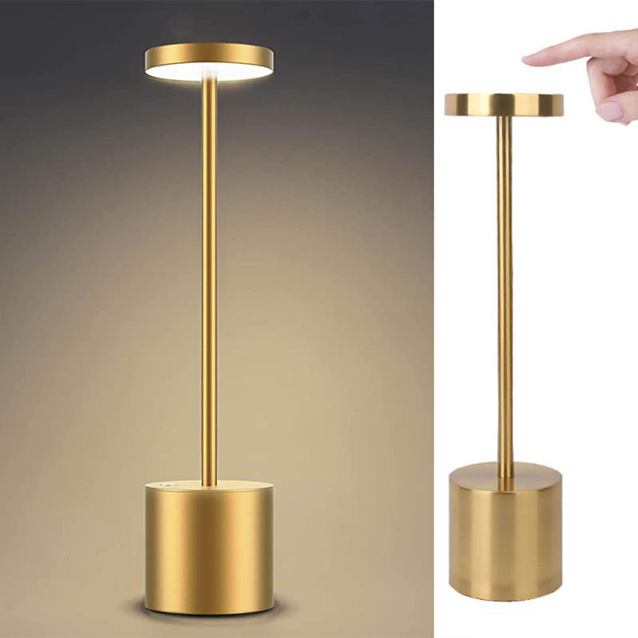 Eine goldene Tischlampe mit vertikalem Schaft und rundem Fuß. Das Licht ist an.