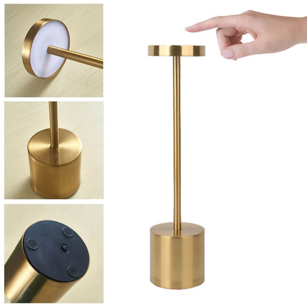 Eine goldene Touch-Lampe mit rundem Aufsatz, schlankem Stiel und zylindrischem Sockel, ein Finger berührt sie.