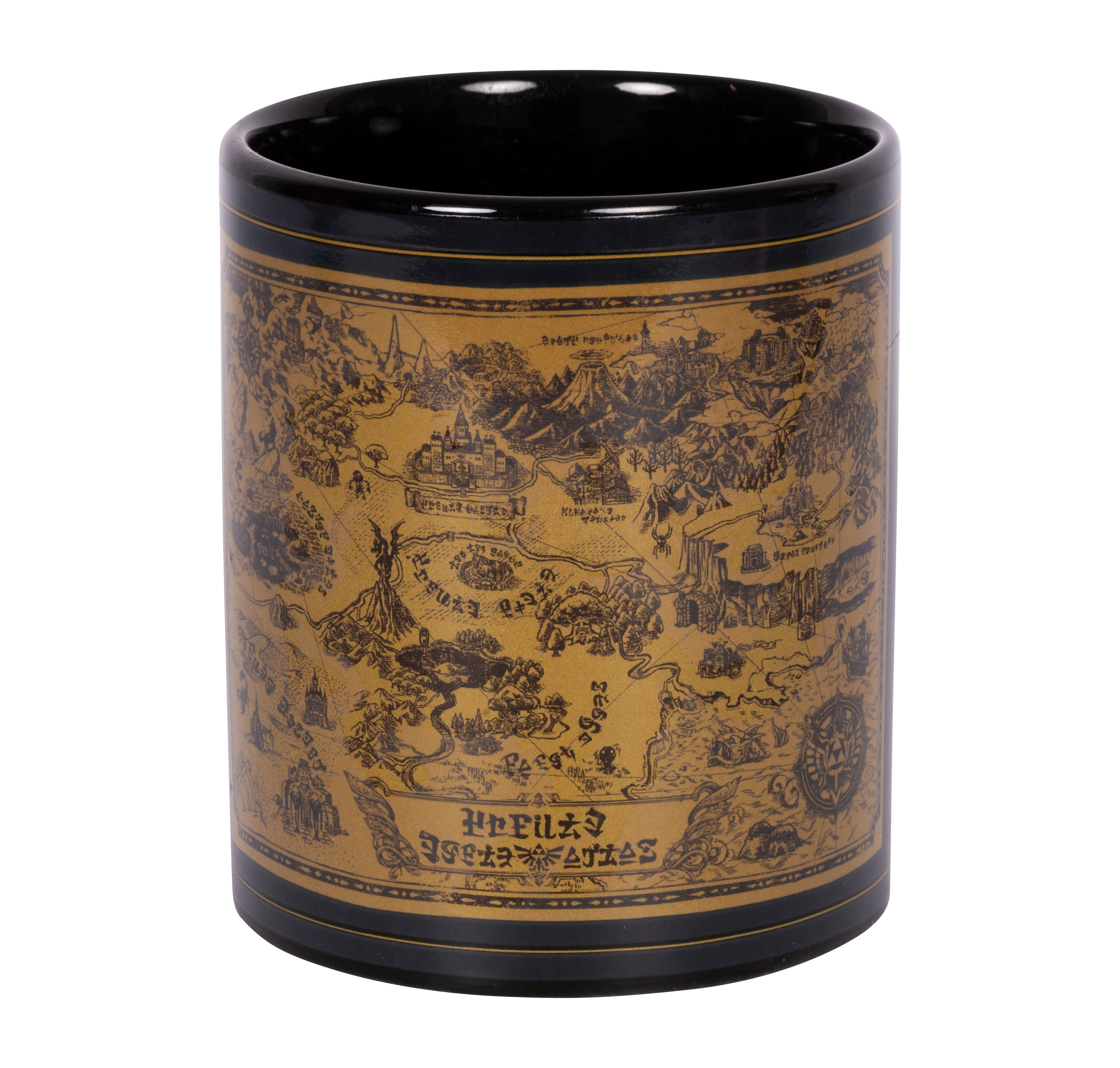Schwarzer Becher mit goldenem Kartendesign. Es hat einen schwarzen Rand.