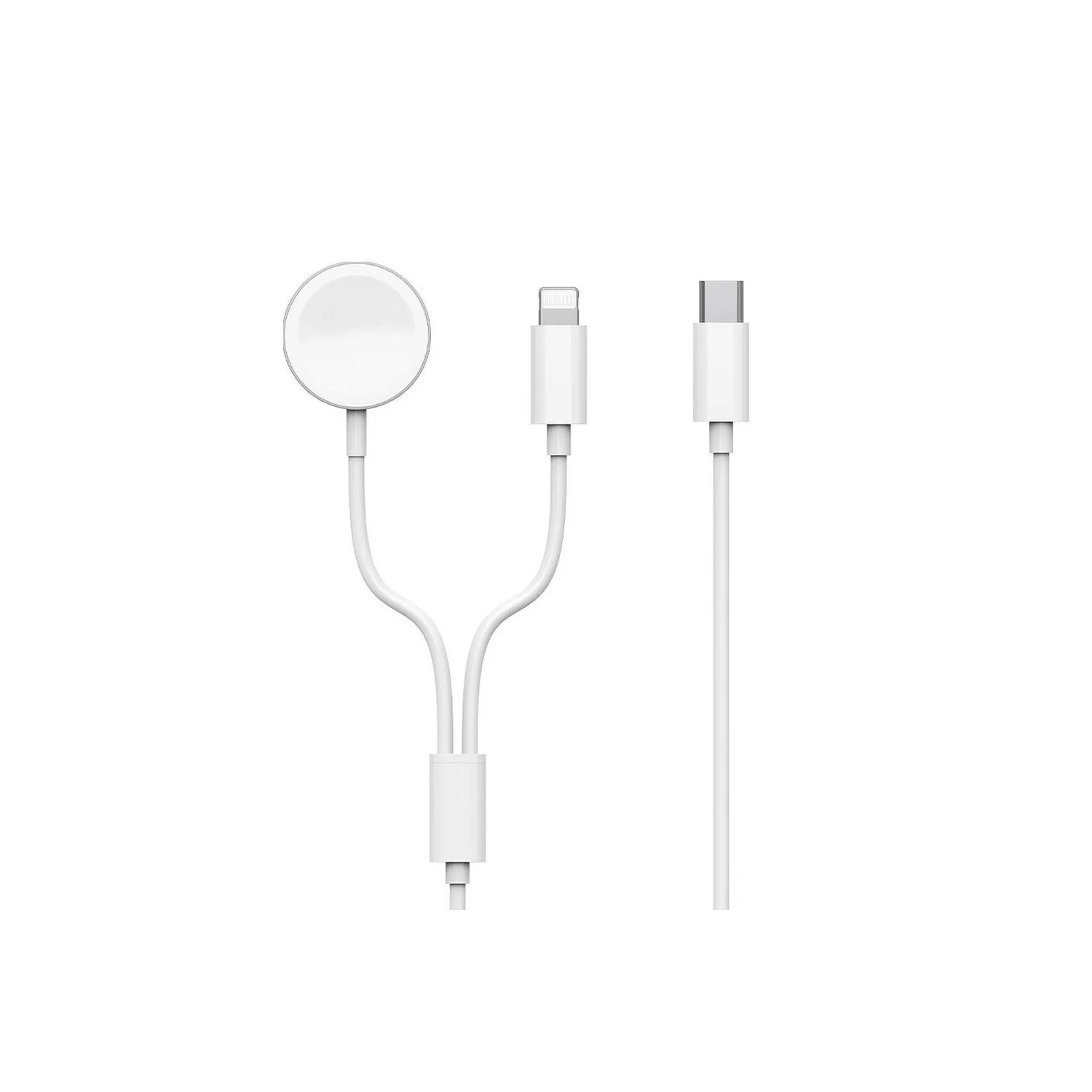 Weißes Ladekabel. Zwei Enden für ein Uhrenladegerät, Lightning-Anschluss und USB-C-Anschluss.