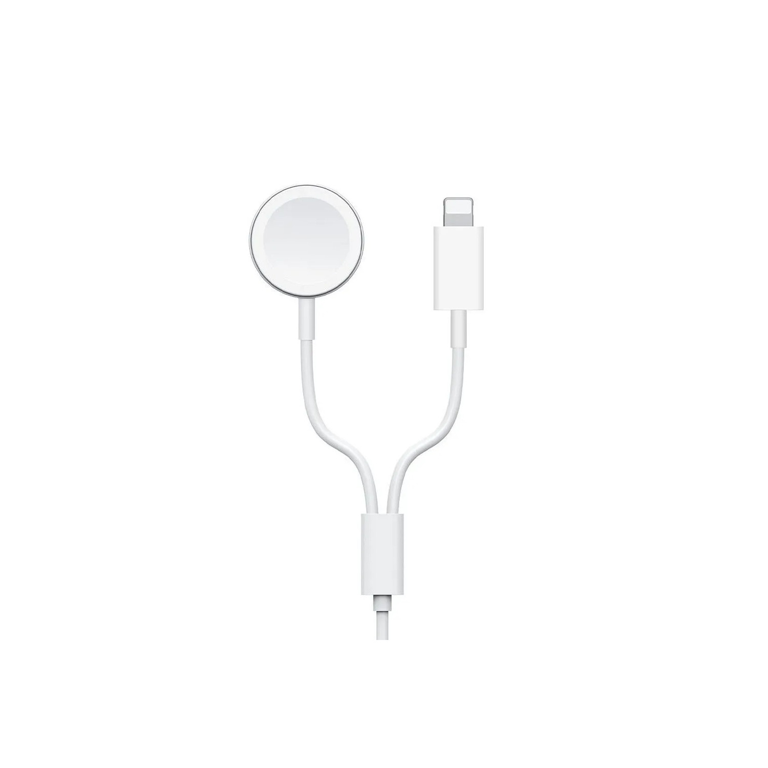 Weißes Apple Watch-Ladekabel mit kreisförmigem Ladepad und Lightning-Anschluss.