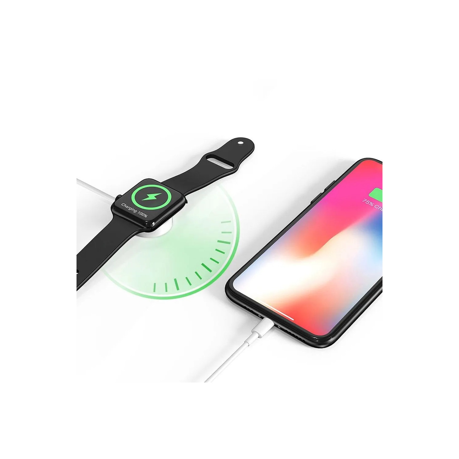Schwarze Apple Watch auf einem Ladepad neben einem Telefon, beide laden. Telefon zeigt 25 % Ladung.